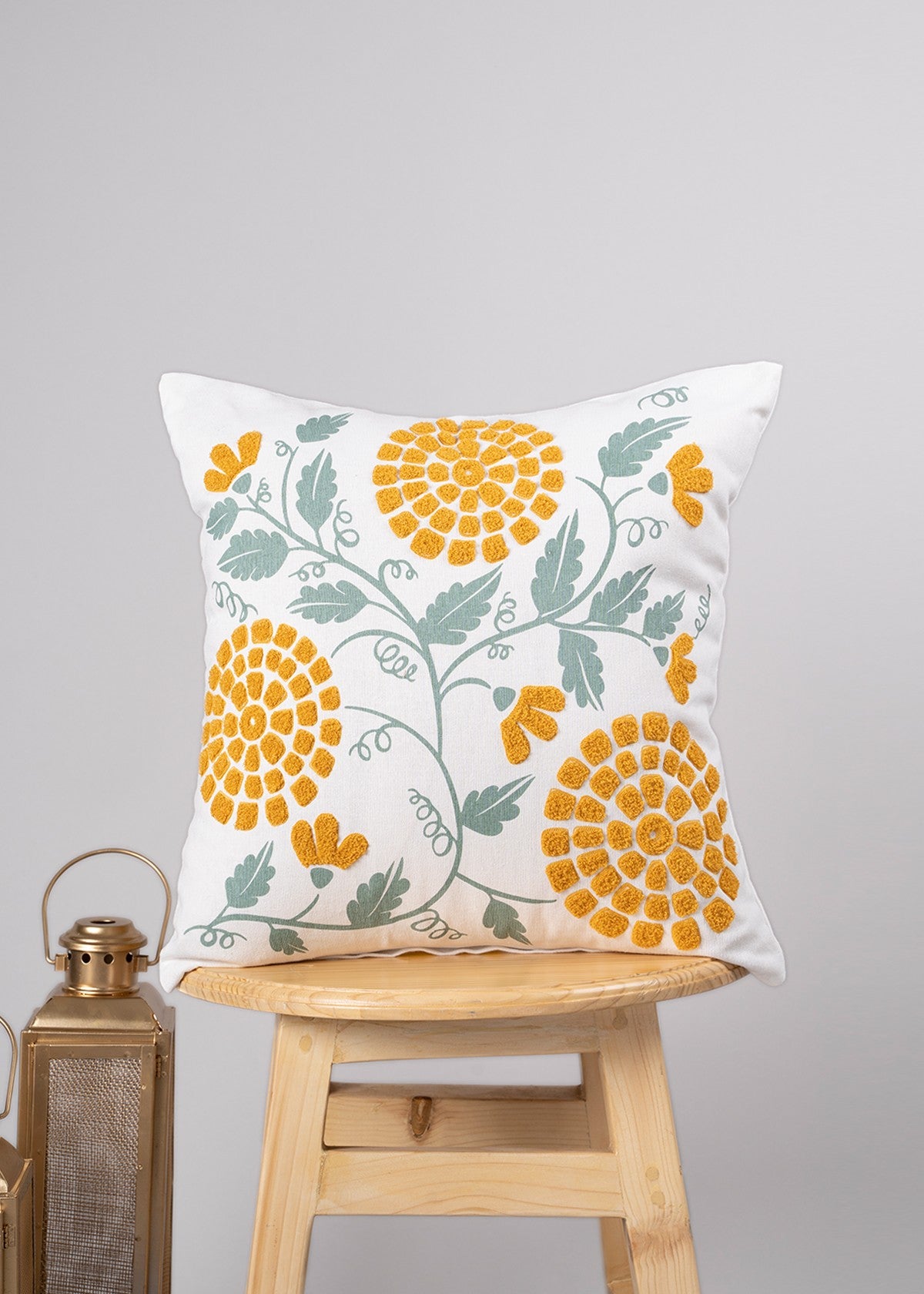 Mystique Marigold 100% cotton embroidered decorative cushion cover for sofa - Green
