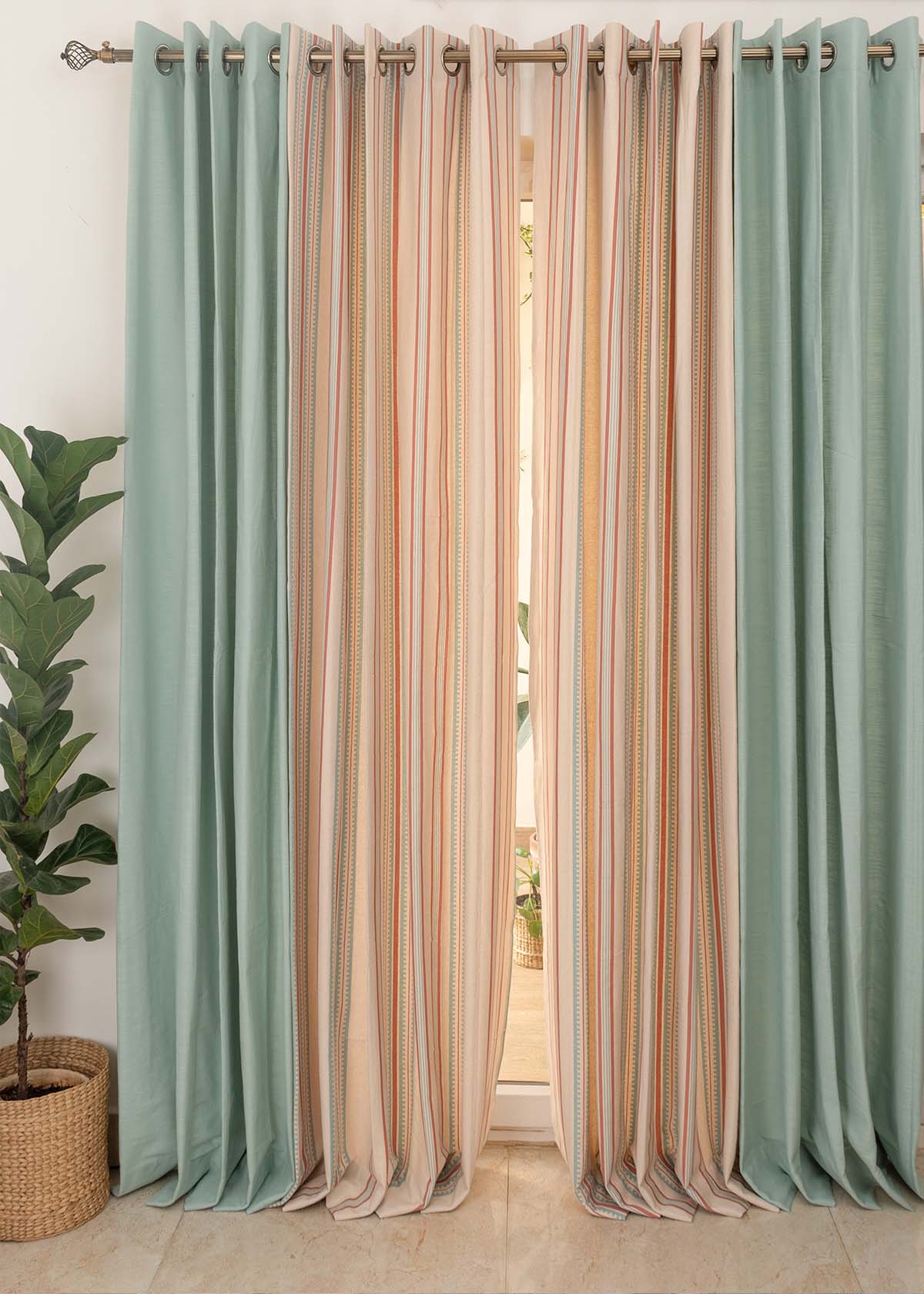 Nile Blue Solid, Roman Stripe Set Of 4 Combo Cotton Curtain - Rust And Nile Blue