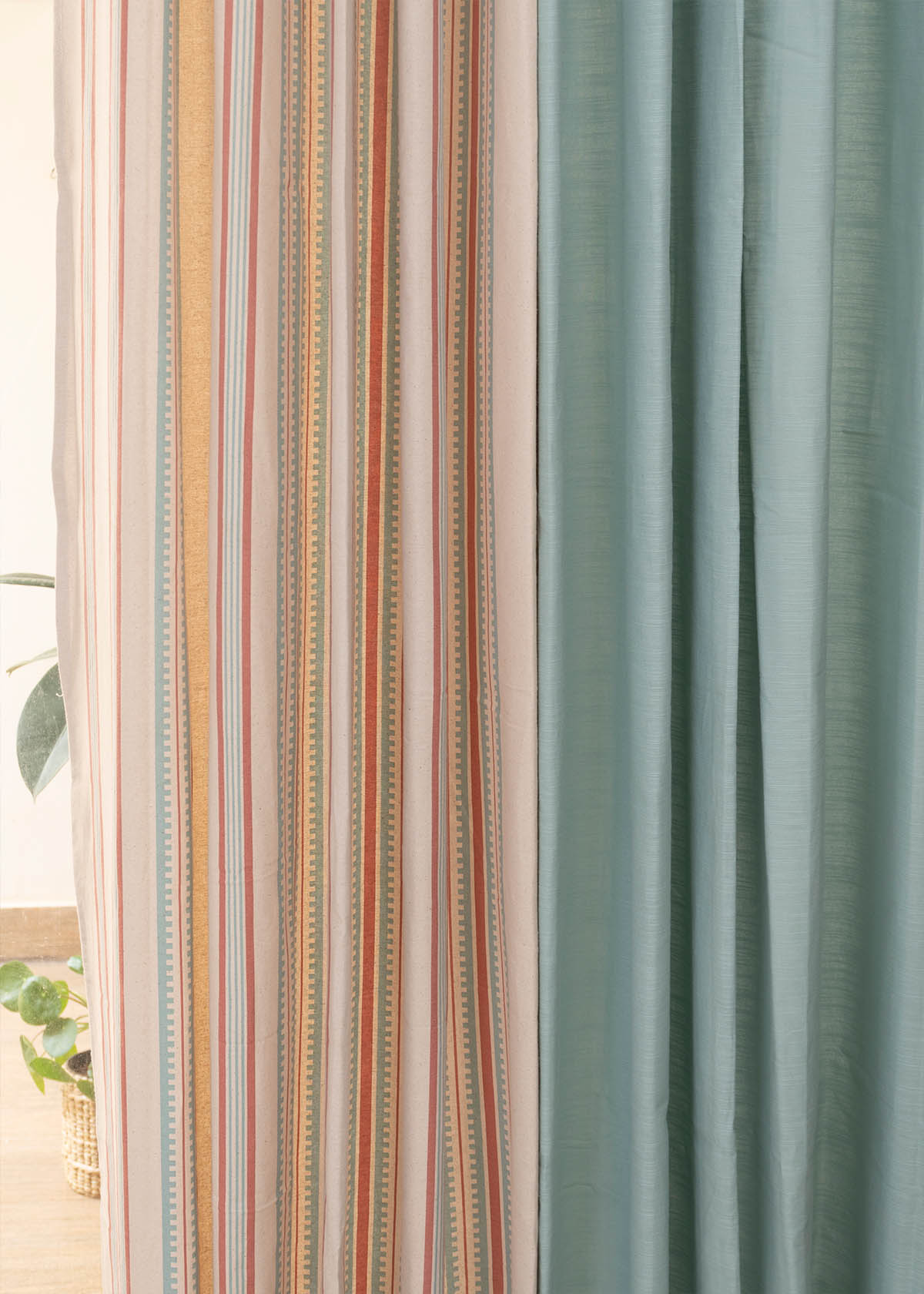 Nile Blue Solid, Roman Stripe Set Of 4 Combo Cotton Curtain - Rust And Nile Blue