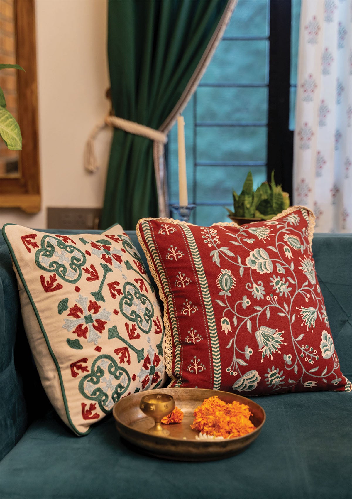 Peridot Embroidered & Garnet Printed 100% Cotton Cushion Covers for Sofa - Red and Green - Pack of 2