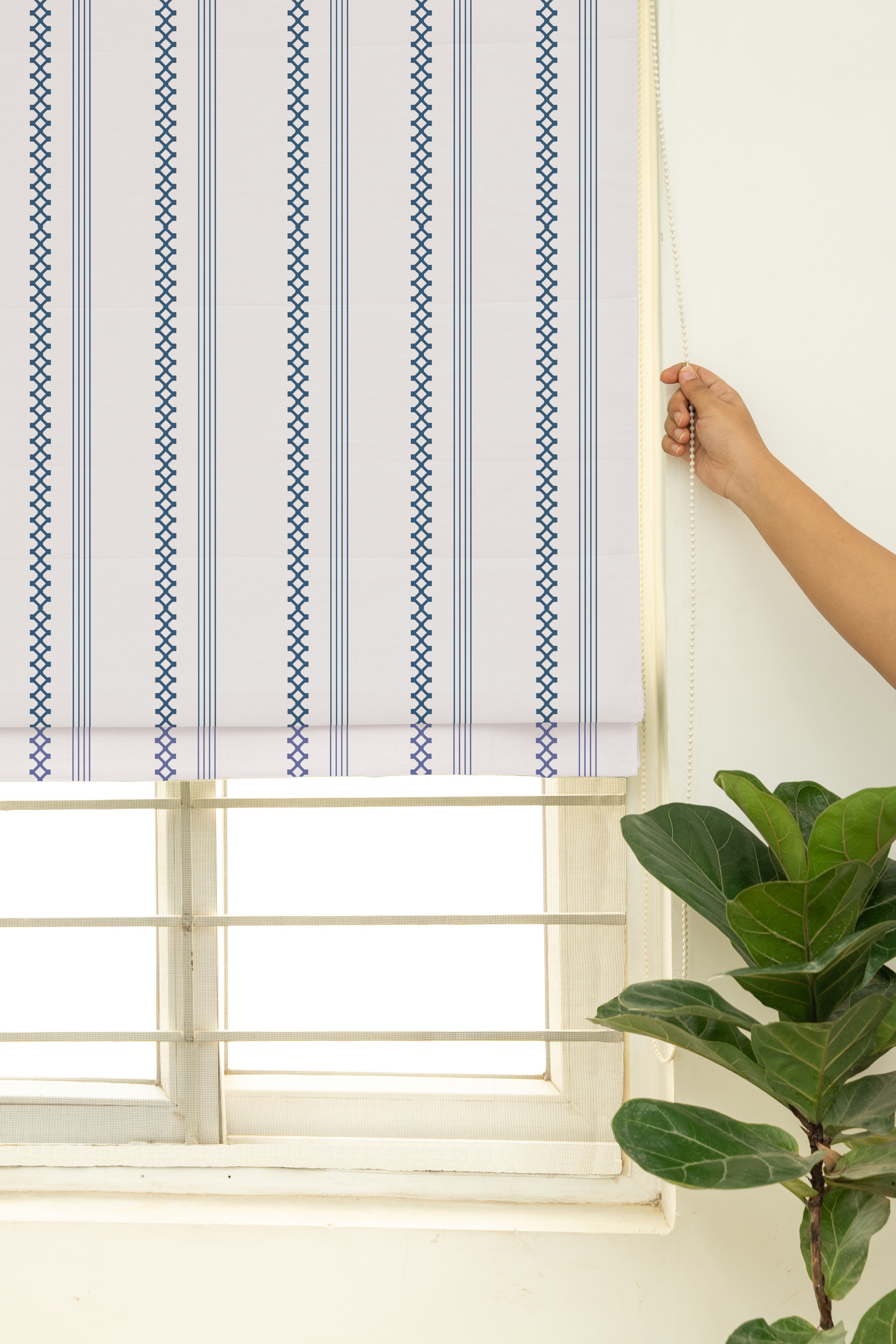 Picket Fence Royal Blue 100% Cotton Sheer Printed Customizable blind for livingroom & Bedrooms-Light Filtering