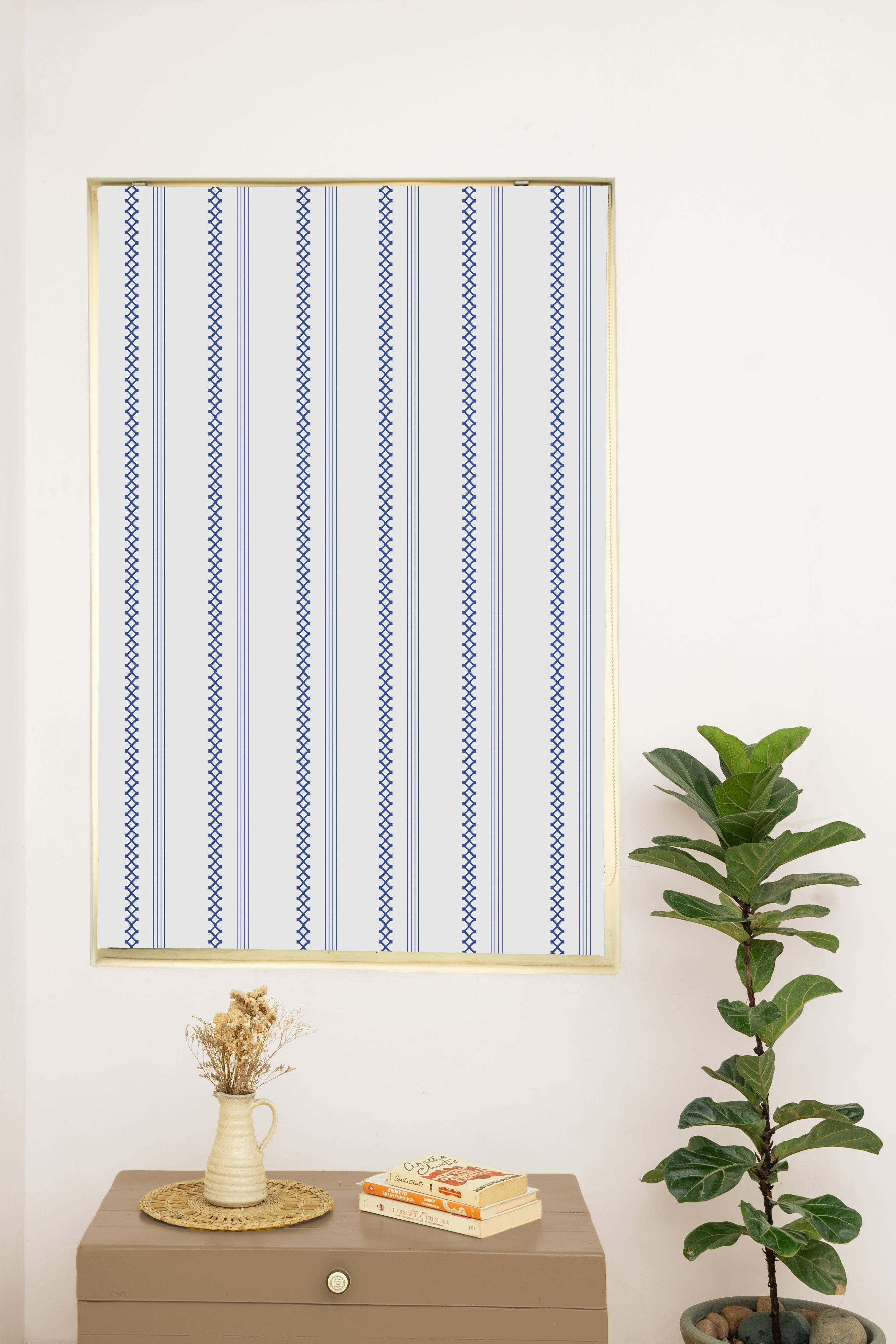 Picket Fence Royal Blue 100% Cotton Sheer Printed Customizable blind for livingroom & Bedrooms-Light Filtering