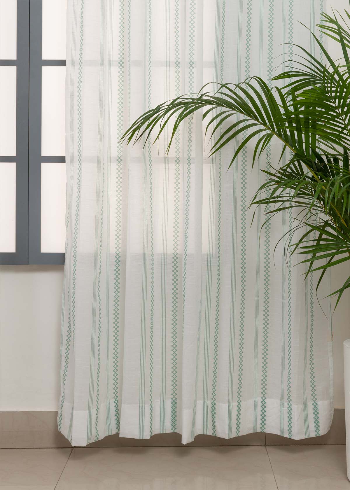 Picket Fence 100% Cotton Sheer Geometric curtain for Living room & bedroom - Light filtering - Sage Green - Pack of 1