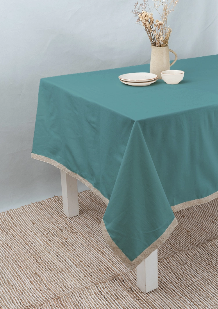 Solid aqua blue 100% cotton plain table cloth for 4 seater or 6 seater dining with lace border