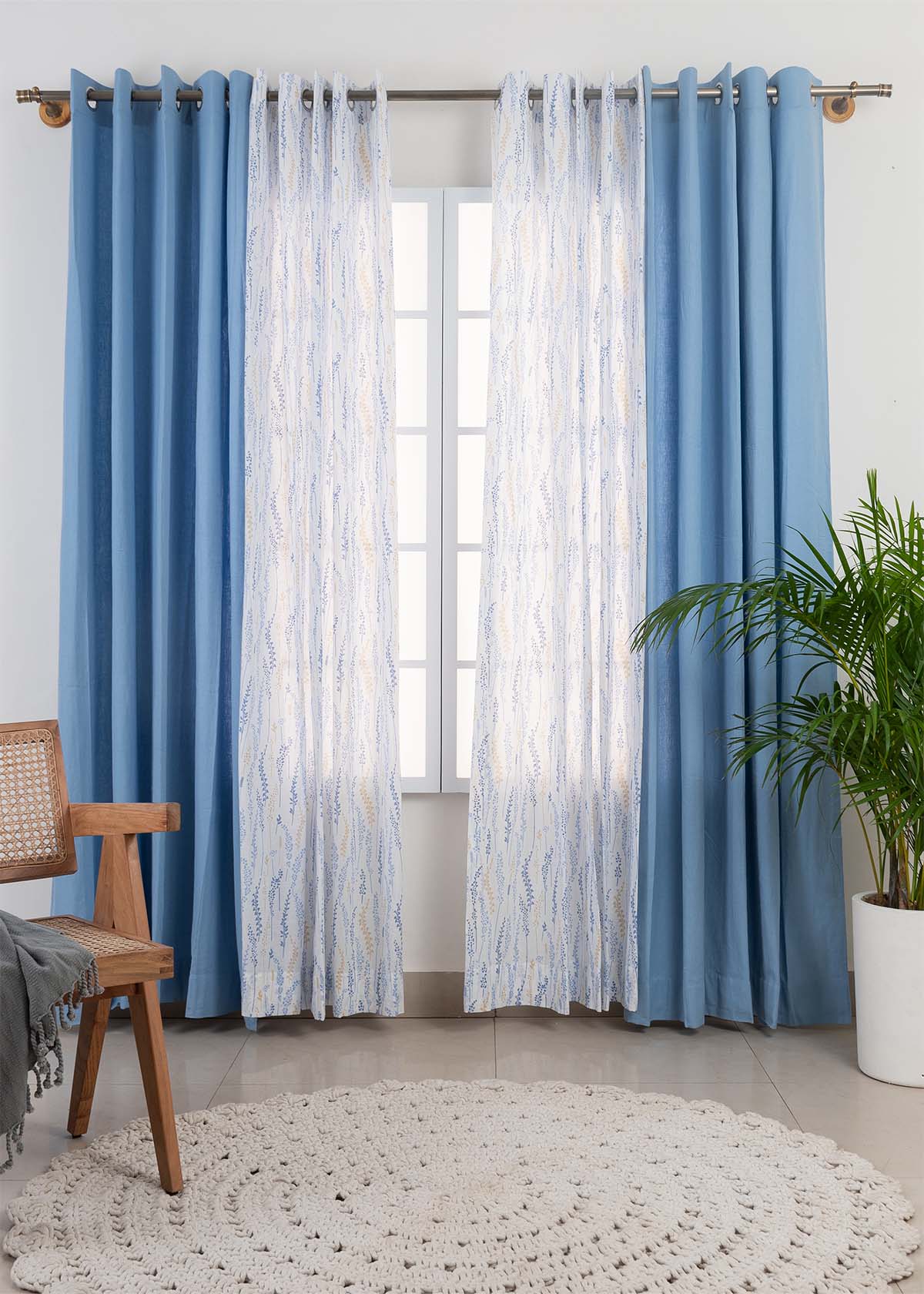 Powder Blue Cotton, Grass Fields In Blue Sheer Set Of 4 Combo Cotton Curtain - Blue