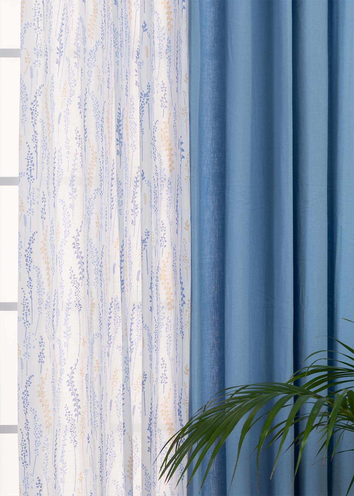 Powder Blue Linen,Grass Fields In Blue Sheer Set Of 4 Combo Cotton Curtain - Blue