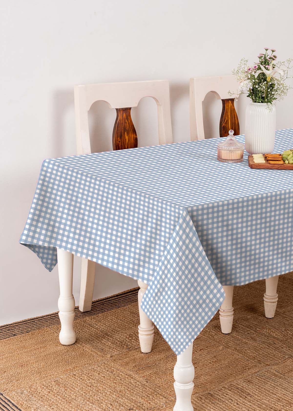 Gingham checks 100% cotton geometric table cloth for 4 seater or 6 seater dining - Powder Blue