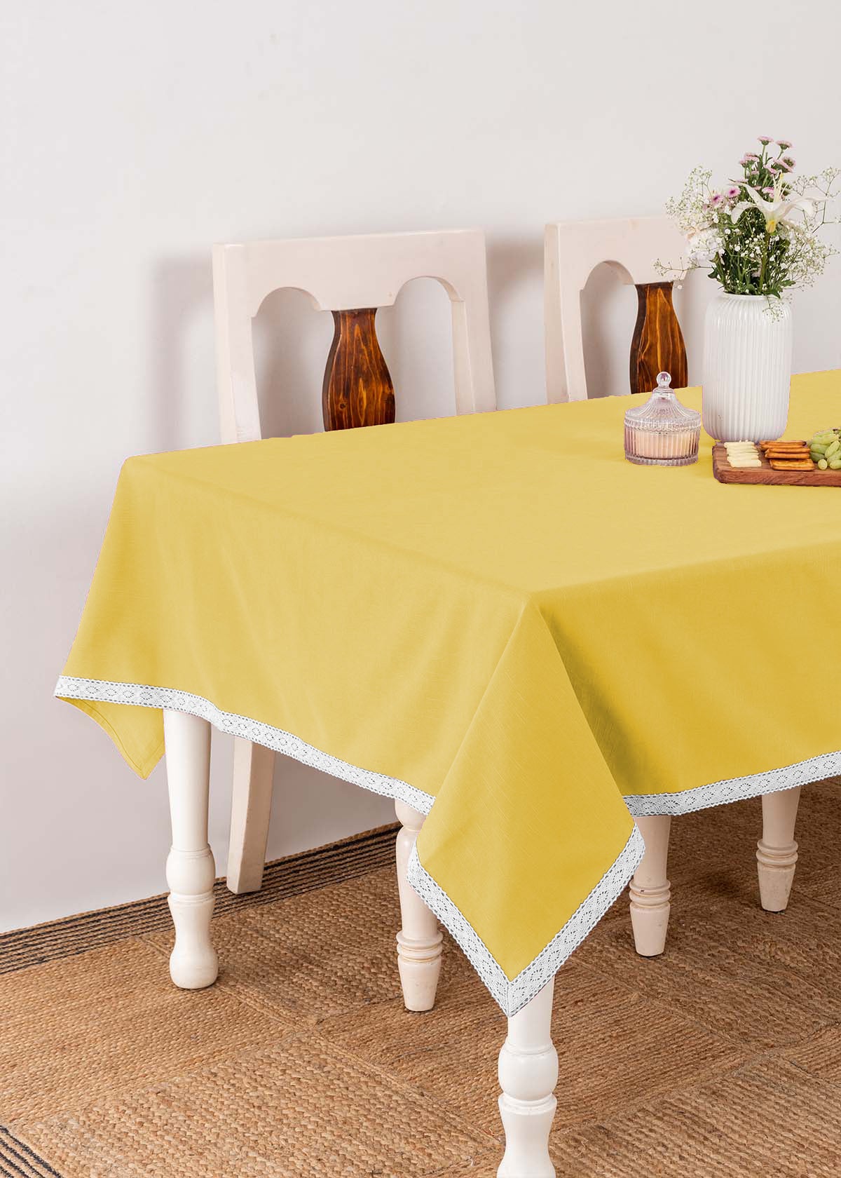 Solid Primrose Yellow 100% cotton plain table cloth for 4 seater or 6 seater dining with lace border