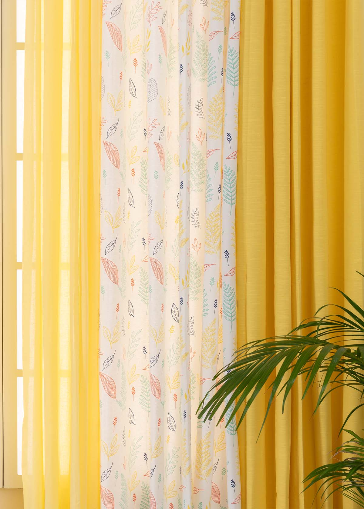 Primrose Yellow Solid, Rustling Leaves In Many Hues, Pale Banana Sheer Set Of 6 Combo Cotton Curtain - Multicolor