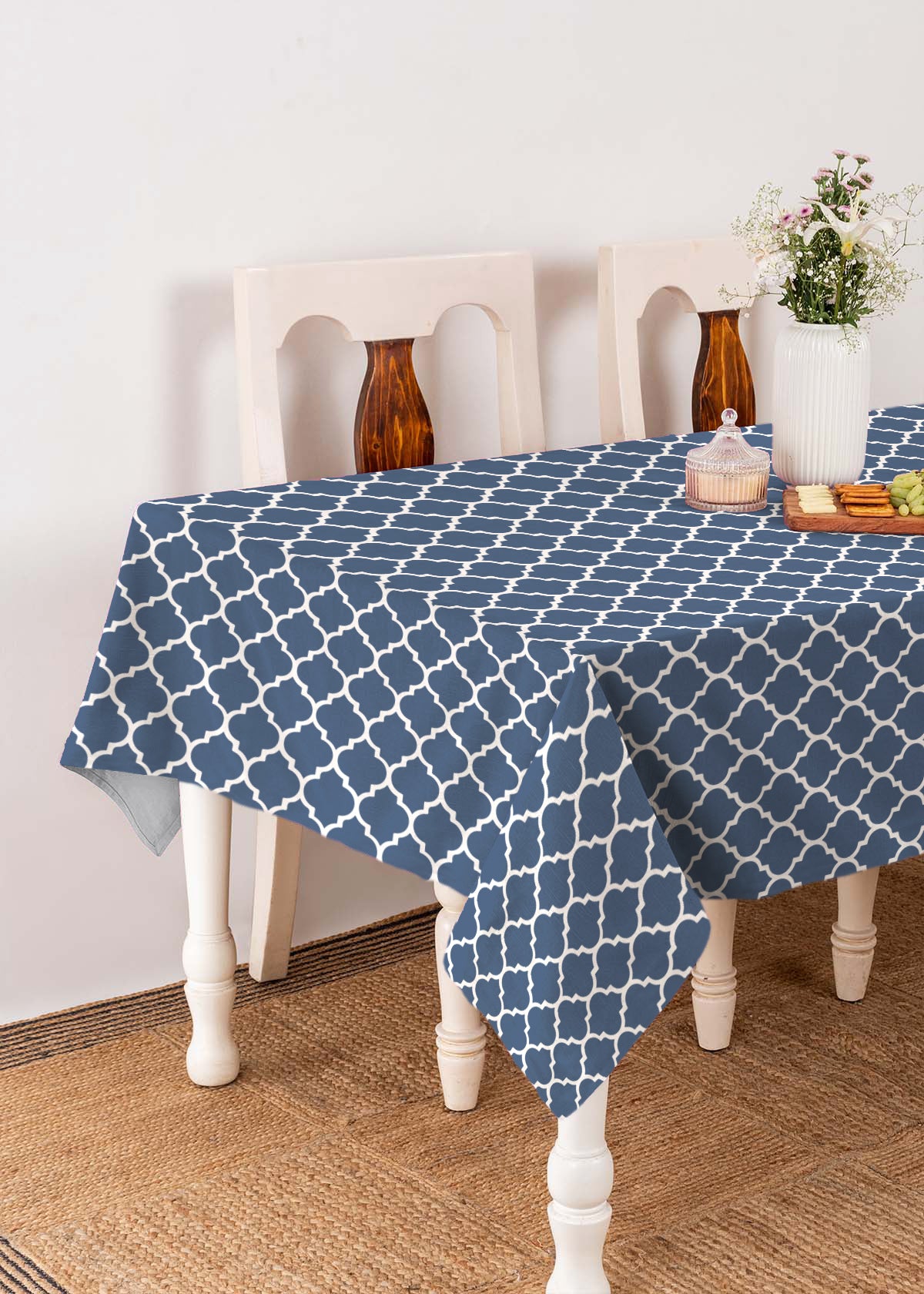 Reverse Trellis 100% cotton geometric table cloth for 4 seater or 6 seater dining - Royal Blue