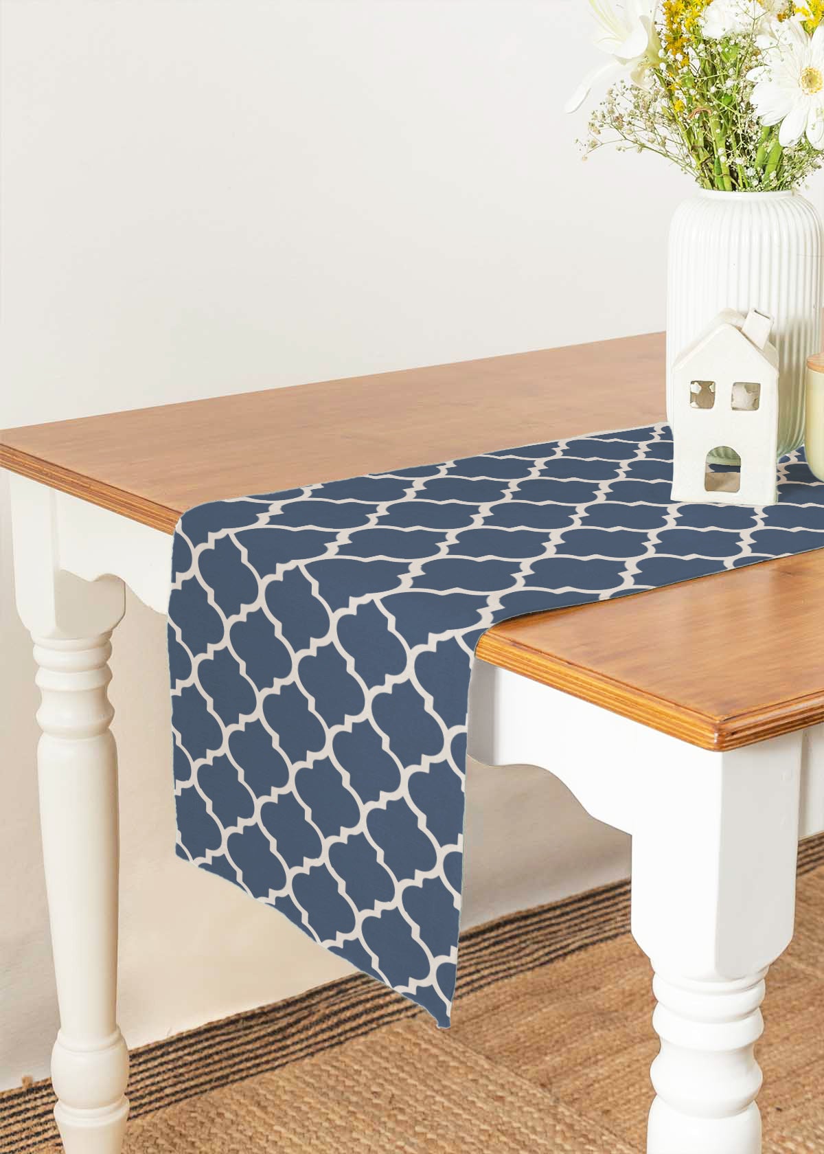 Reverse Trellis 100% cotton geometric table runner for 4 seater or 6 seater dining - Royal blue