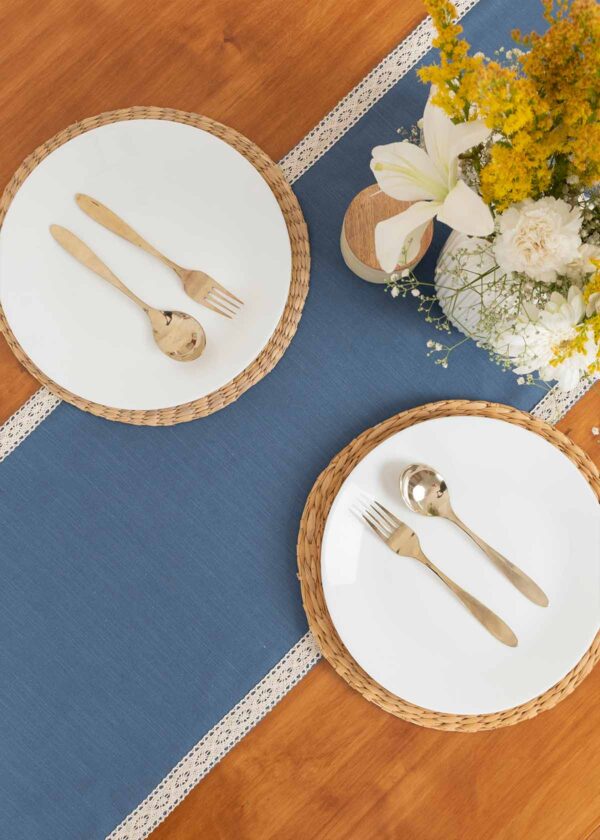Solid Royal Blue 100% cotton plain table runner for 4 seater or 6 seater dining with lace border - Royal blue