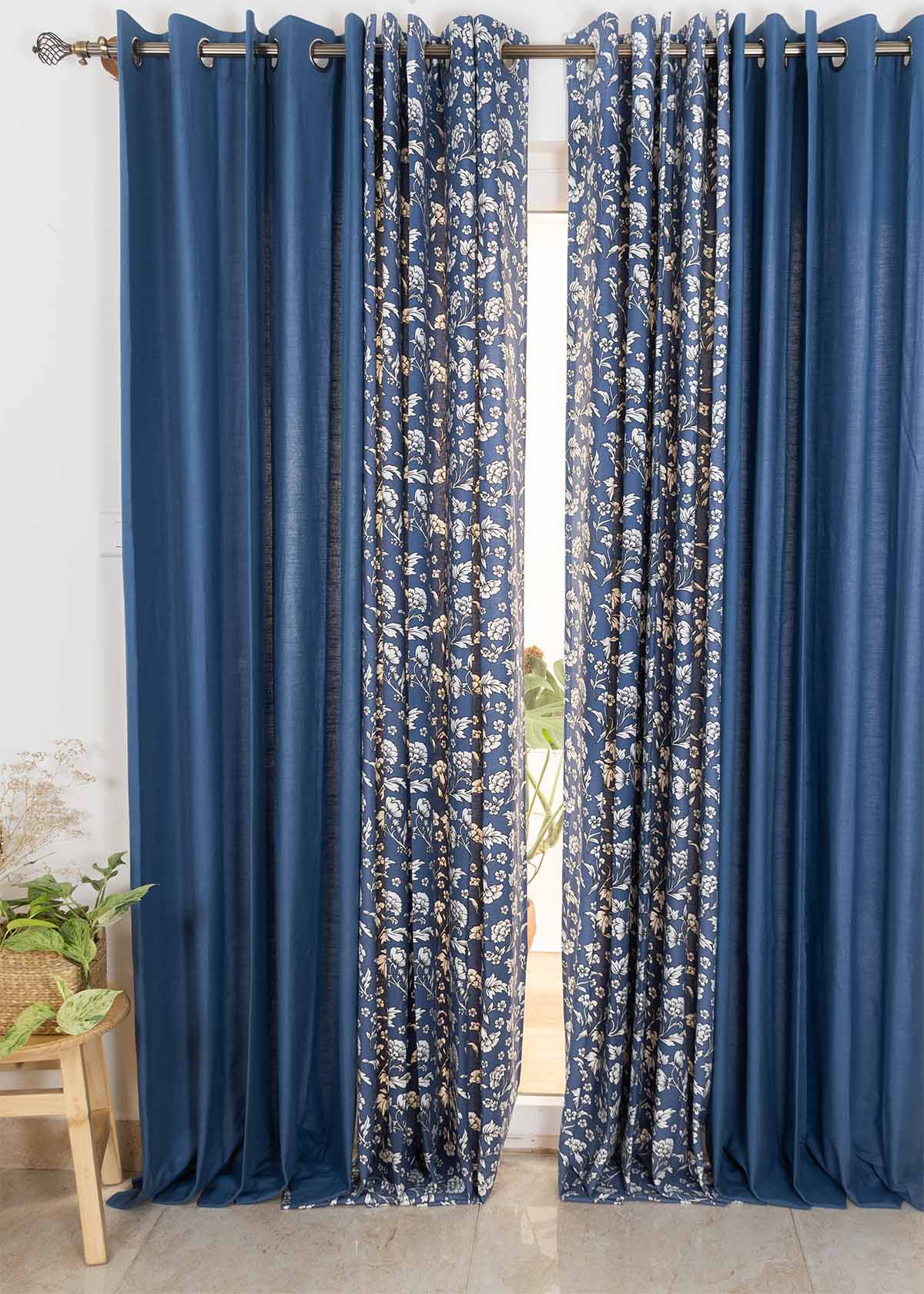 Royal Blue Solid, Marigold Royal Blue Set Of 4 Combo Cotton Curtain - Royal Blue