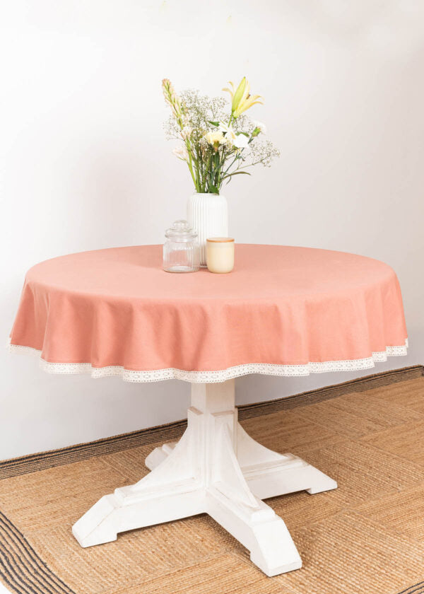 Solid Rust 100% cotton plain table cloth for 4 seater or 6 seater dining with lace border