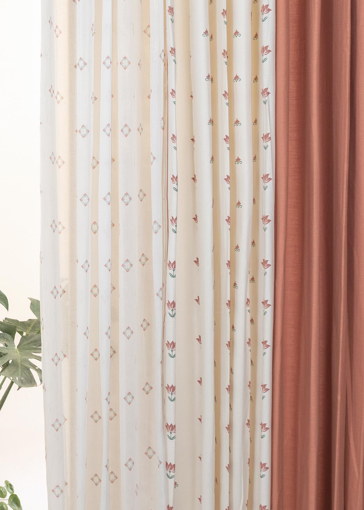 Rust Solid, Lotus Pond,Sacred Waters Sheer Set Of 6 Combo Cotton Curtain - Rust And Off White