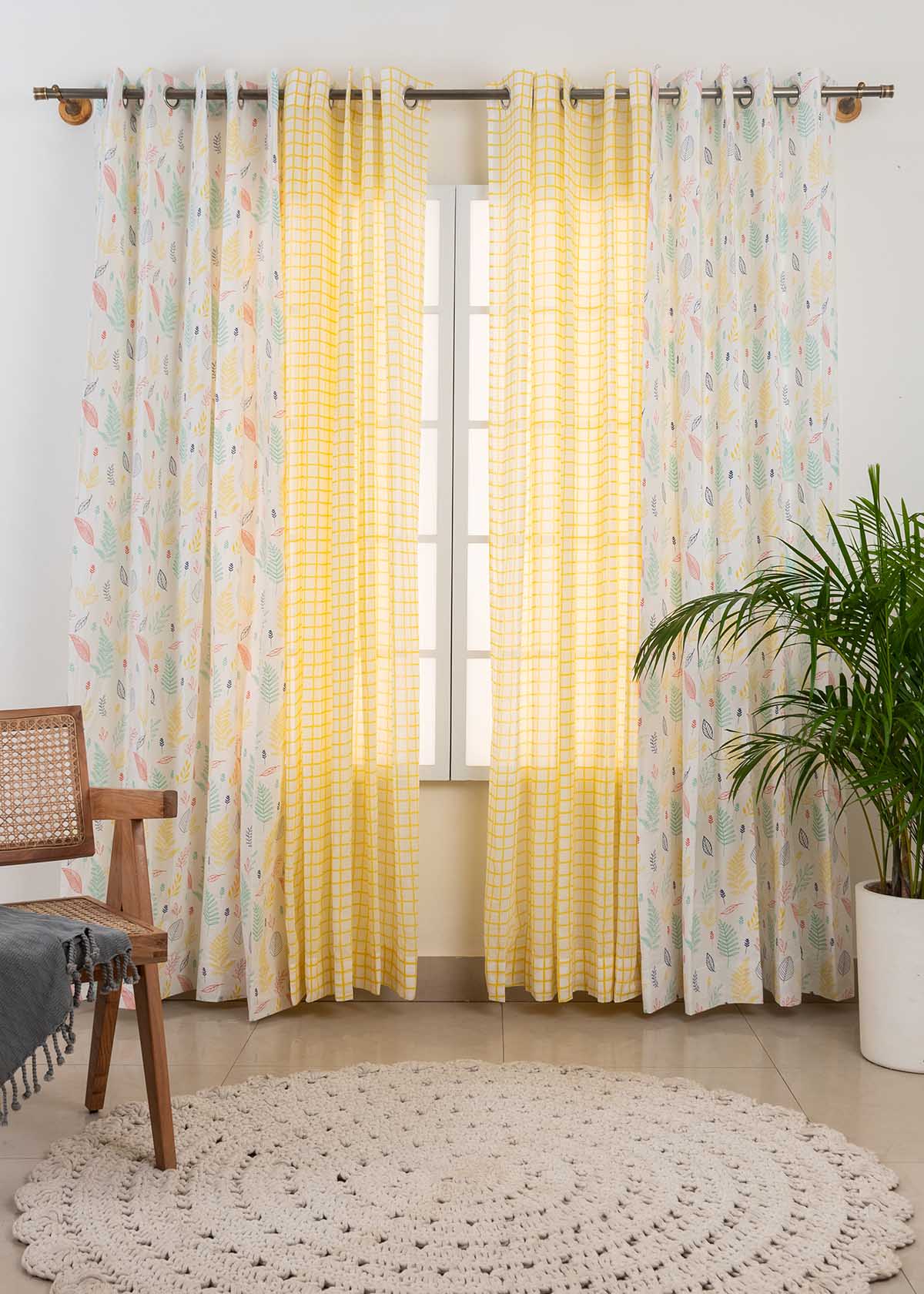 Rustling Leaves In Many Hues, Uneven Checks Yellow Set Of 4 Combo Cotton Curtain - Multicolor