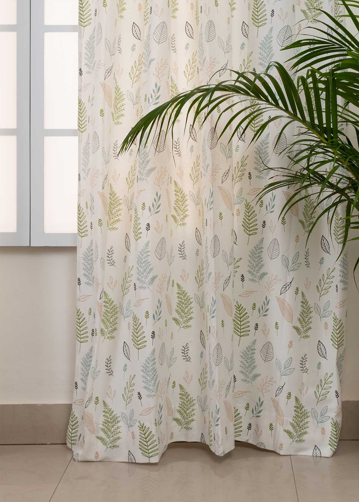 Rustling Leaves Printed Cotton Curtain - Green