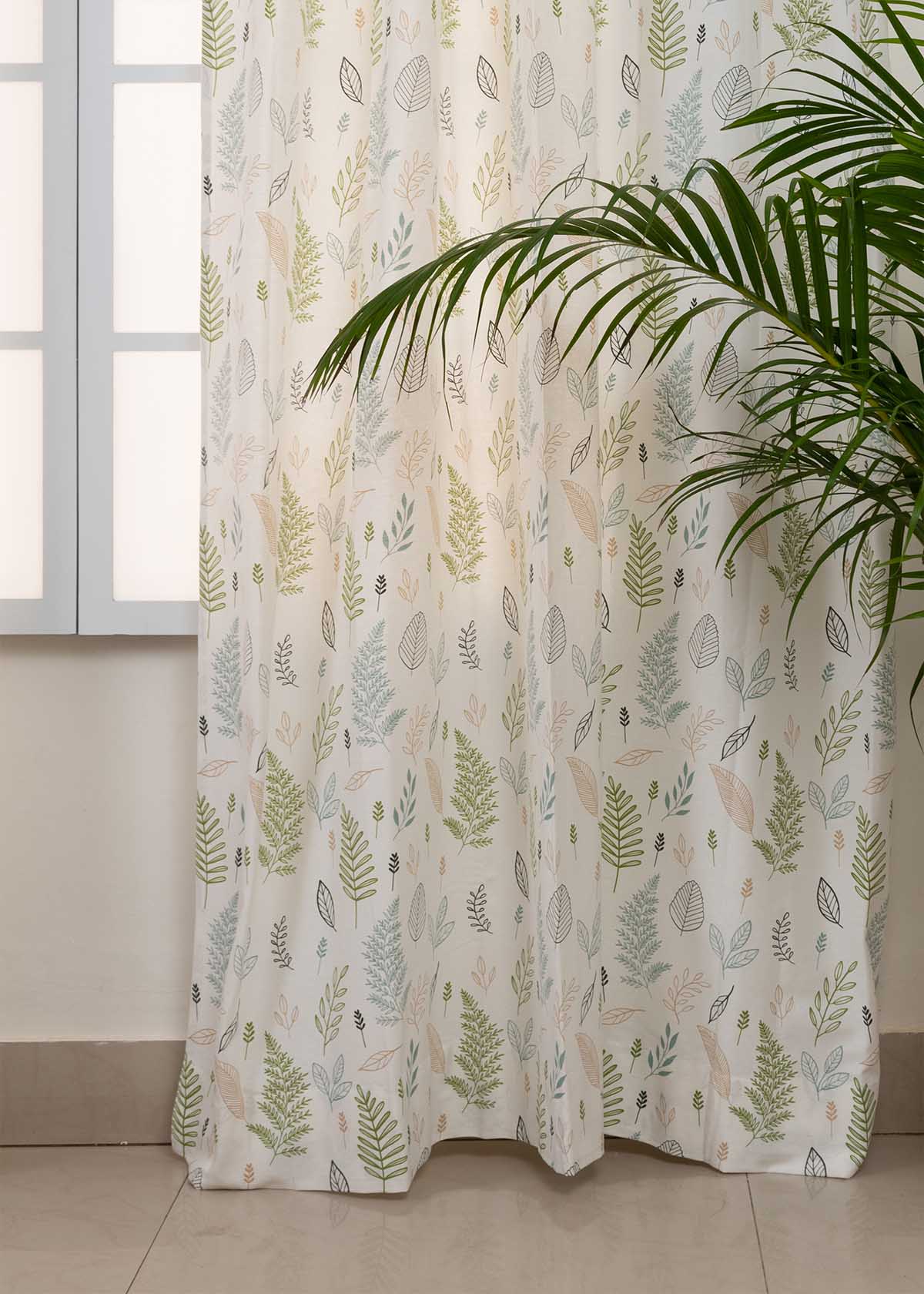 Rustling Leaves Printed Cotton Curtain - Green - Single