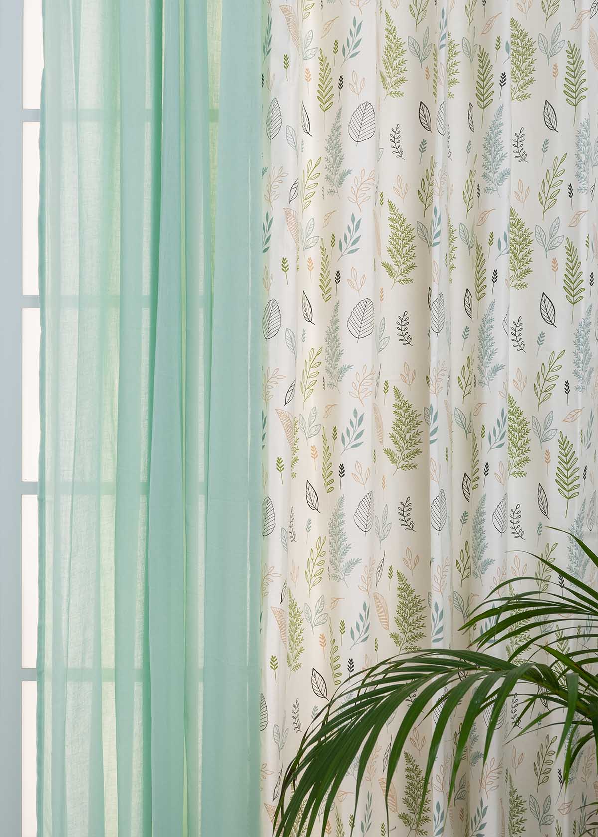 Rustling Leaves Shades Of Green, Nile Blue Sheer Set Of 4 Combo Cotton Curtain - Green And Nile Blue