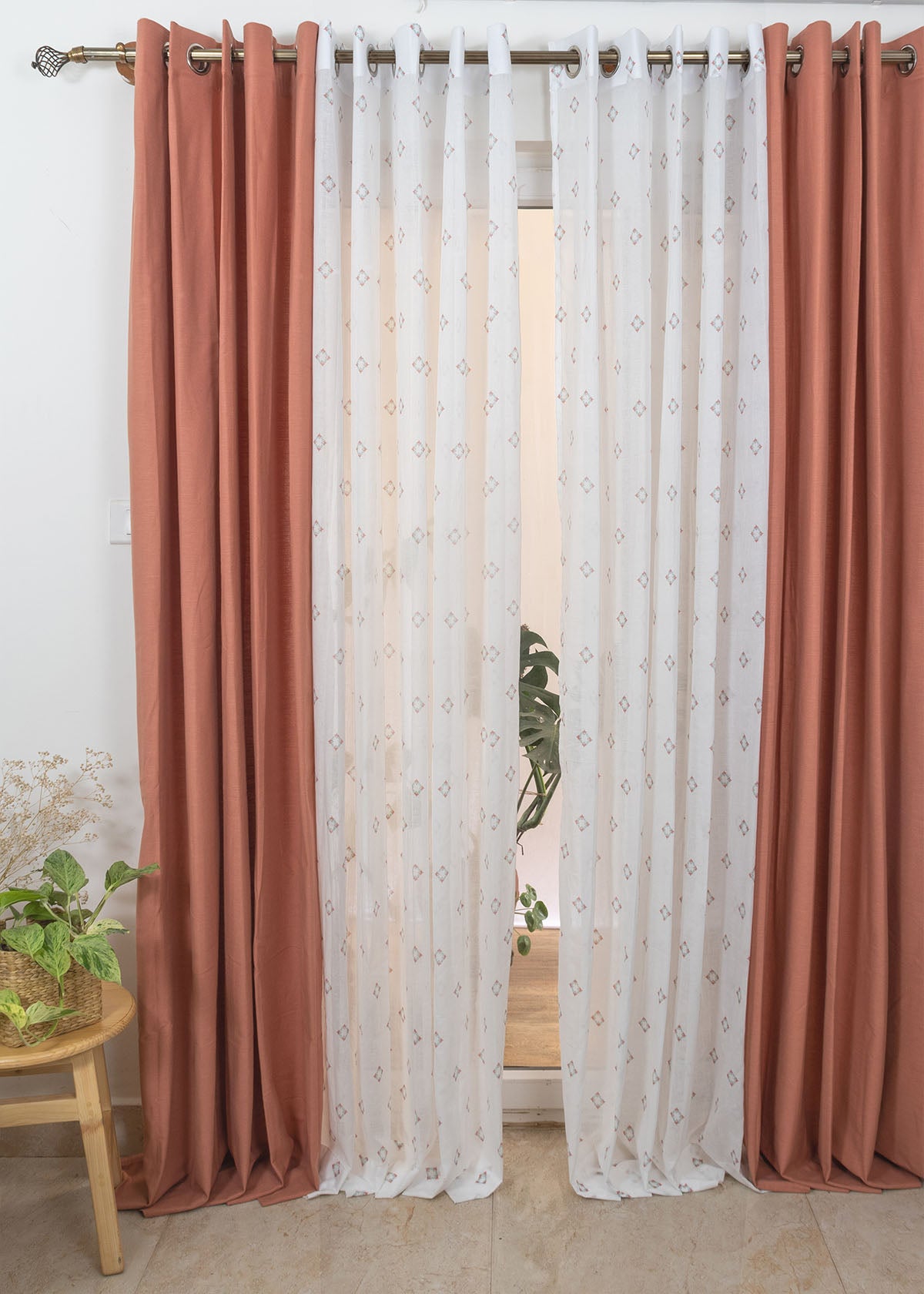 Rust Solid, Sacred Waters Sheer Set Of 4 Combo Cotton Curtain - Rust