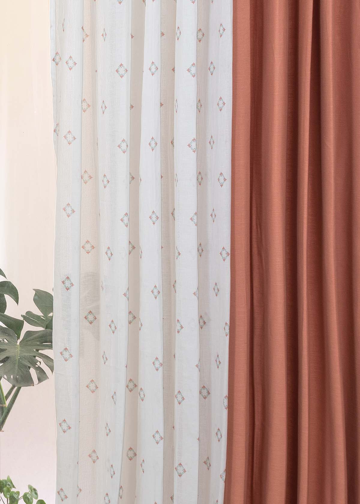 Rust Solid, Sacred Waters Sheer Set Of 4 Combo Cotton Curtain - Rust