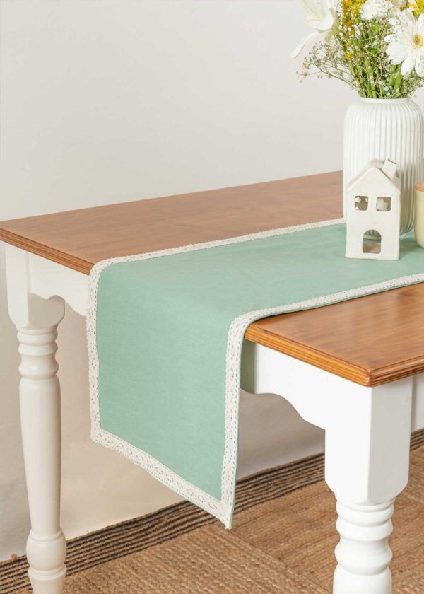 Solid Sage Green 100% cotton plain table runner for 4 seater or 6 seater dining with lace boarder - Sage green