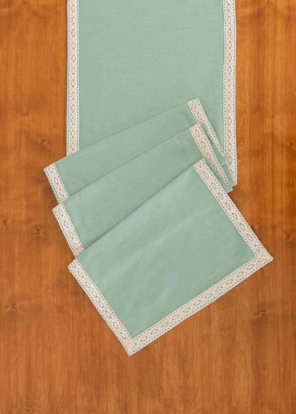 Solid Sage Green 100% cotton plain table runner for 4 seater or 6 seater dining with lace boarder - Sage green