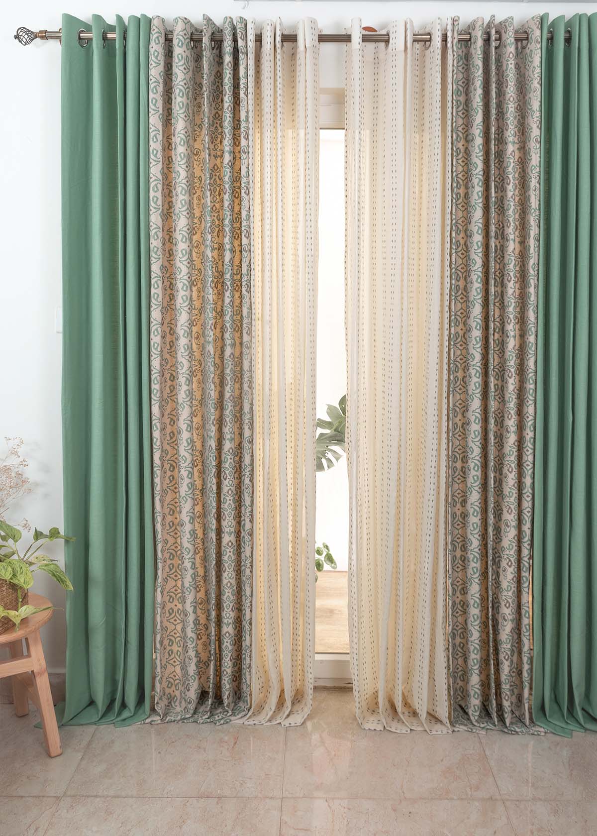 Sage Green Solid, Spice Route Sage Green, Dew Sheerset Of 6 Combo Cotton Curtain - Sage Green And Beige