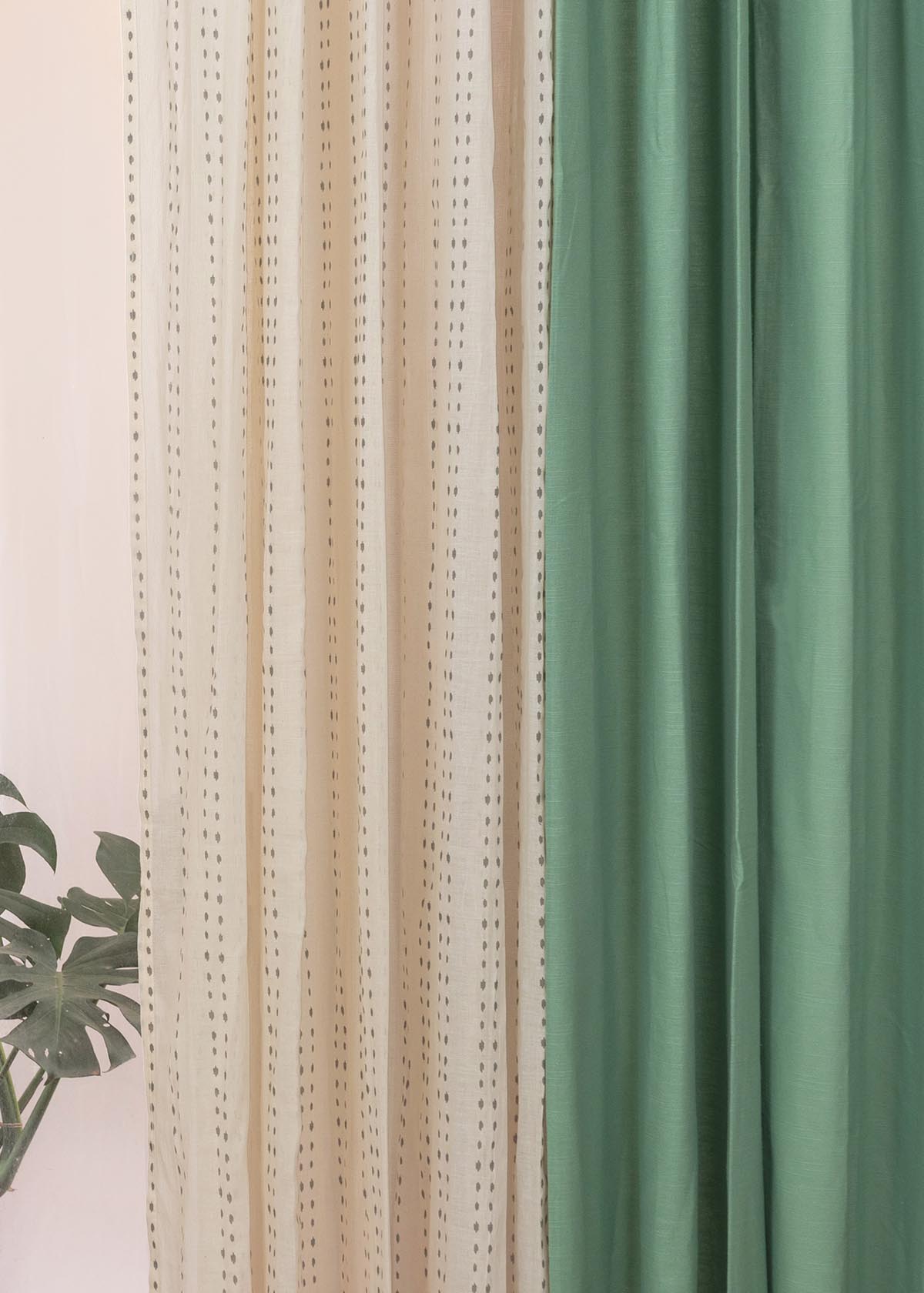Sage Green Solid, Dew Sheer Set Of 4 Combo Cotton Curtain - Sage Green And Cream