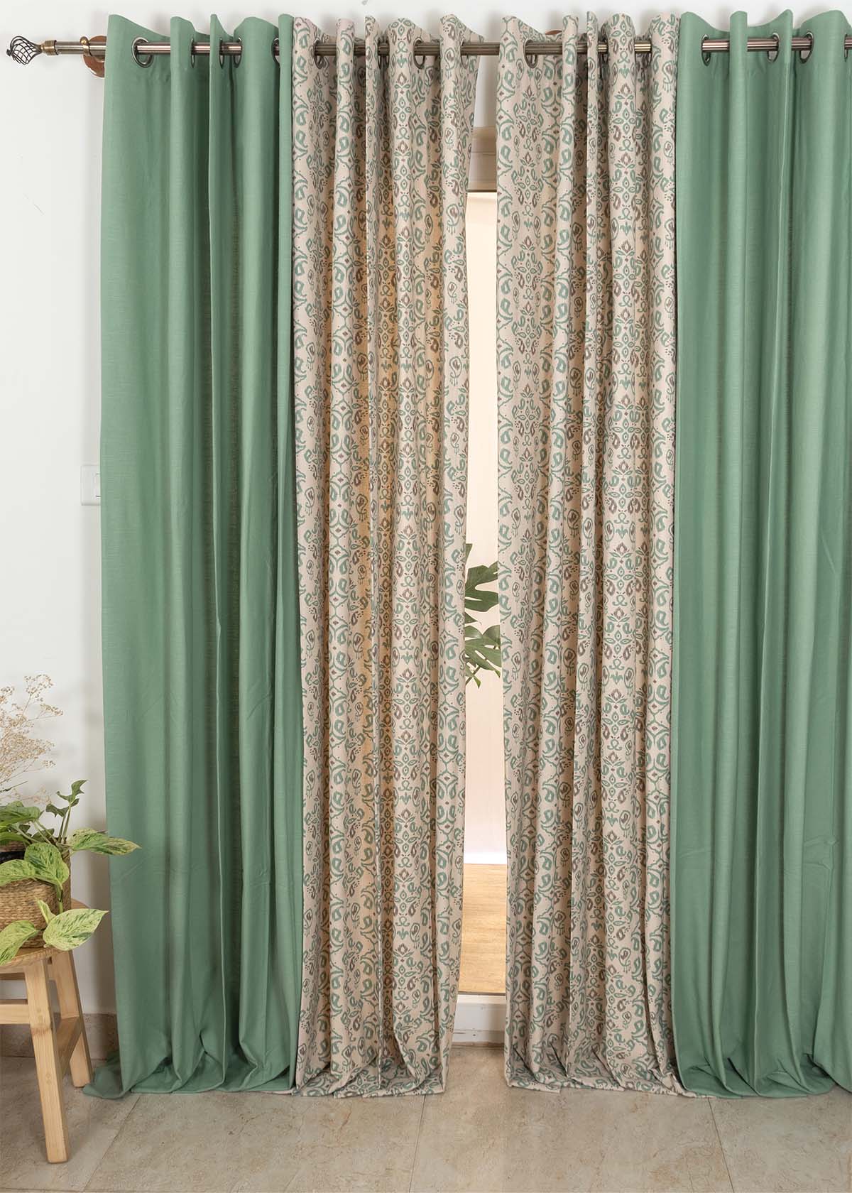Sage Green Solid, Spice Route Set Of 4 Combo Cotton Curtain - Sage Green