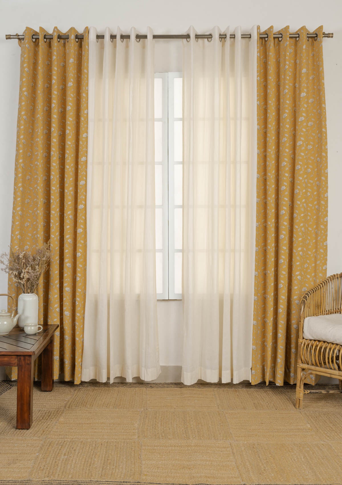 Eden floral cotton mustard with Solid cream sheer 100% cotton curtains for living room - Set of 4