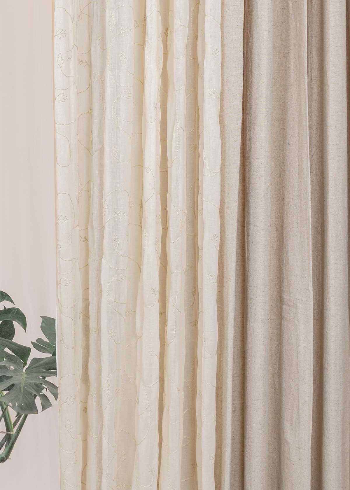 Solid Linen, Ivy Vines Embroidered Cream Sheer Set Of 4 Combo Cotton Curtain - Cream And Beige
