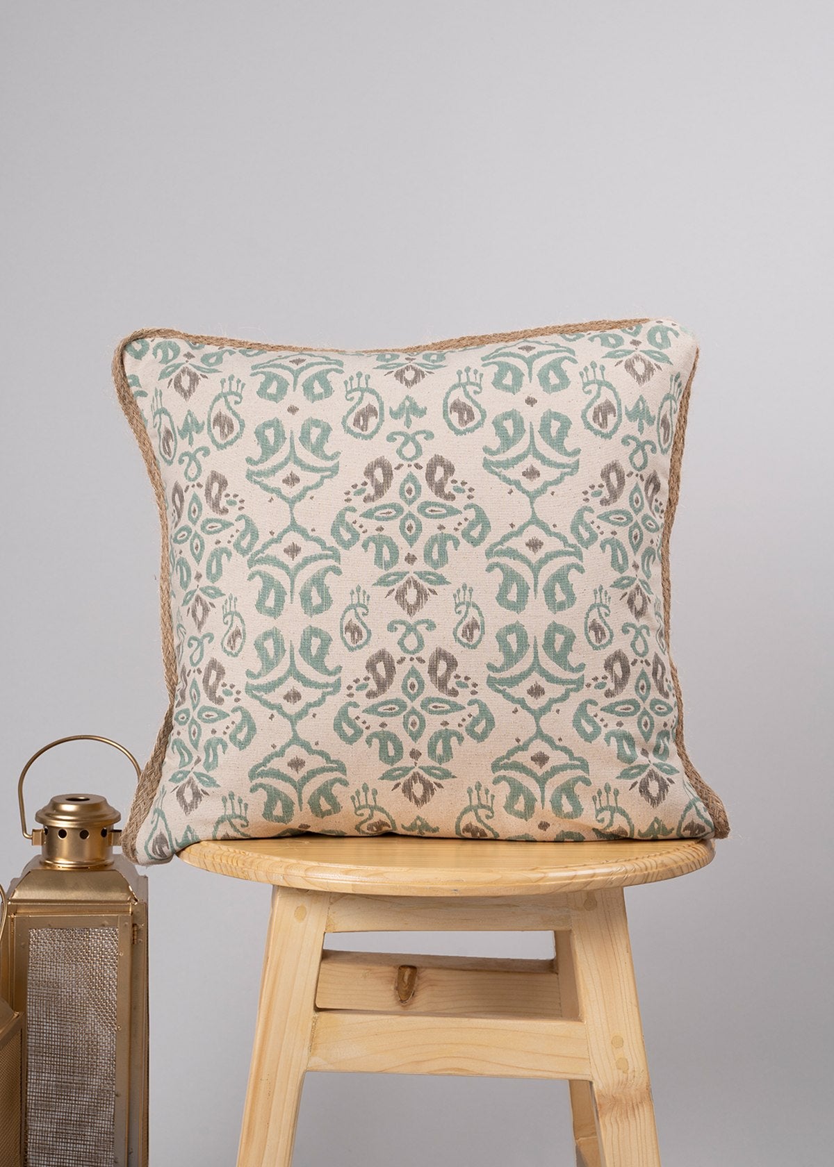 Tulsi, Spice Route, Sage Green, Solid Linen Set Of 4 Combo Cotton Cushion Cover 16" - Sage Green And Beige