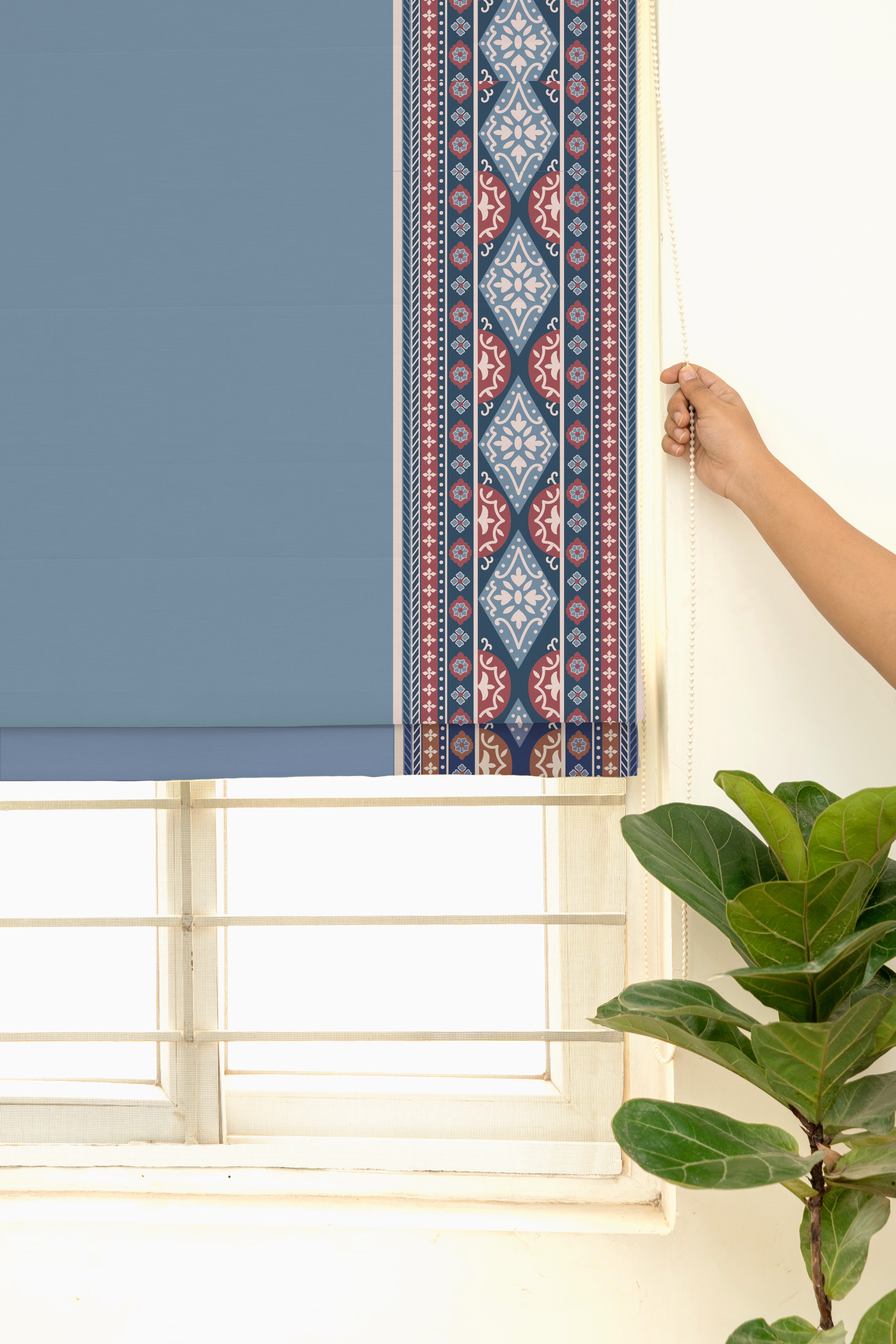Tara mist blue 100% Cotton with Trim Customizable blind for livingroom & Bedrooms - Room Darkening - Mist Blue