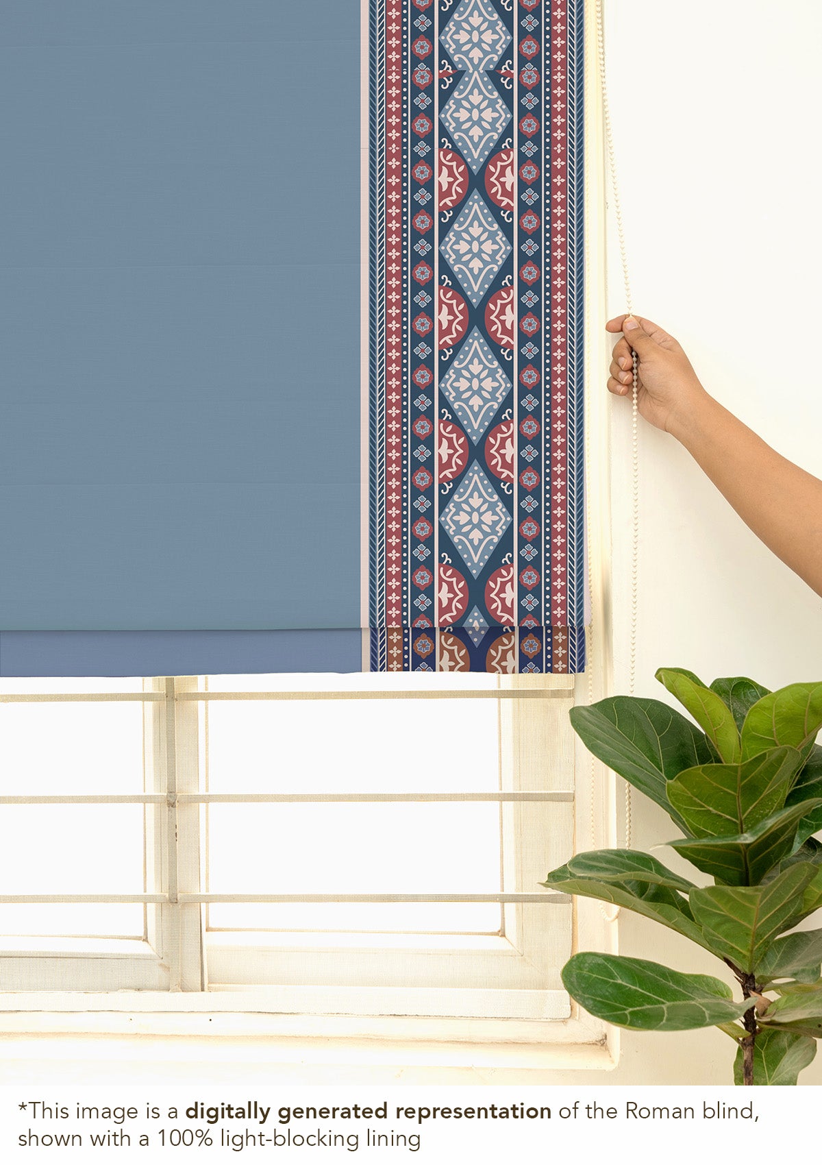 Tara mist blue 100% Cotton with Trim Customizable blind for livingroom & Bedrooms - Room Darkening - Mist Blue