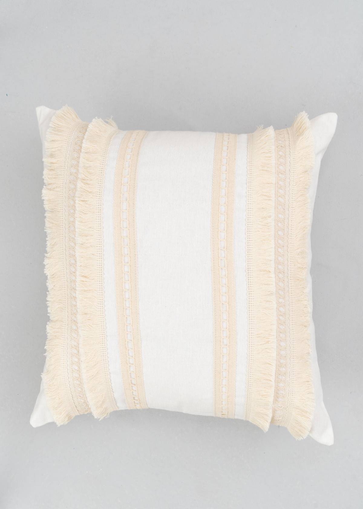 Tasseled textured 100% cotton cushion cover for sofa - White