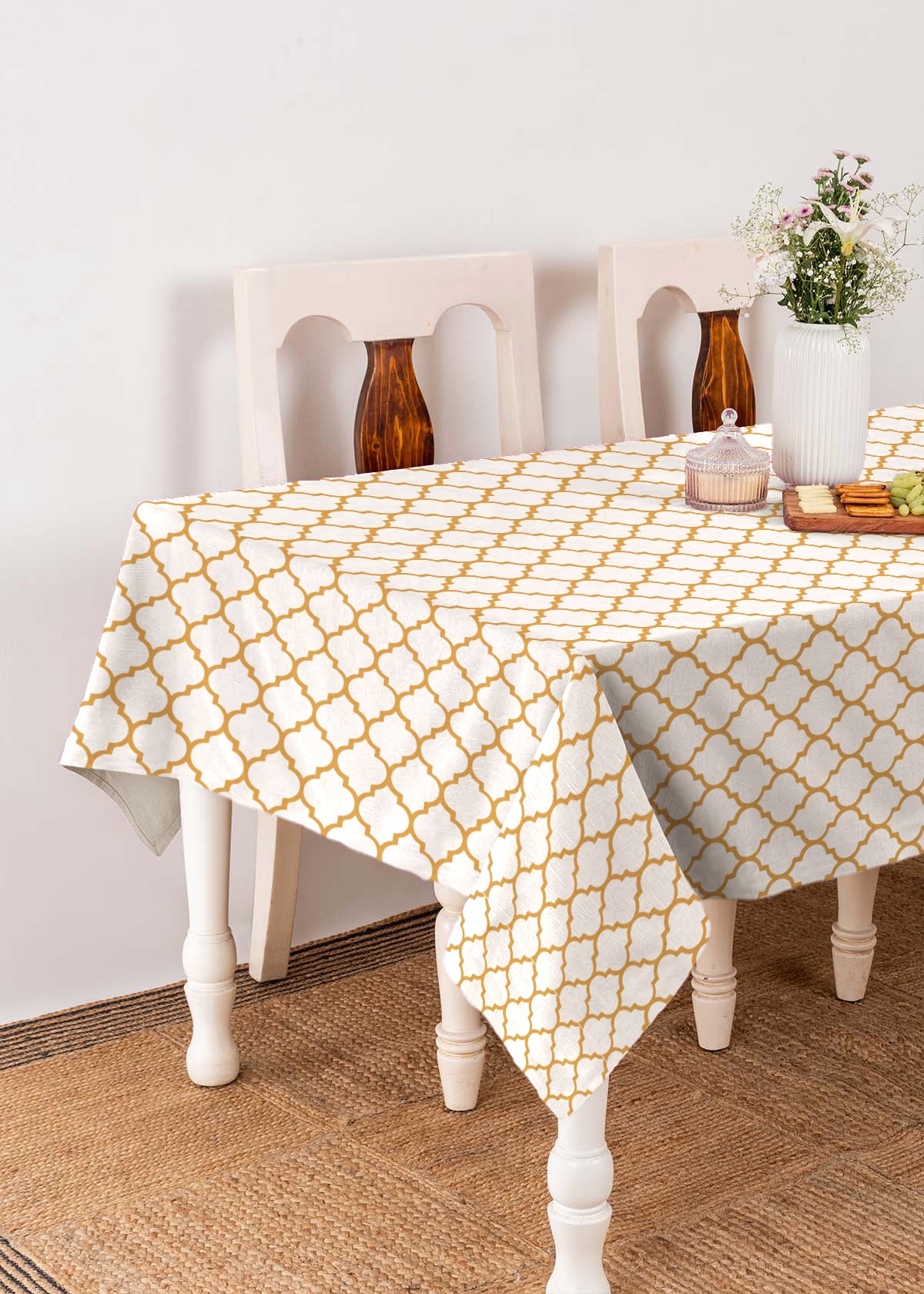 Trellis Printed 100% cotton geometric table cloth for 4 seater or 6 seater dining - Mustard