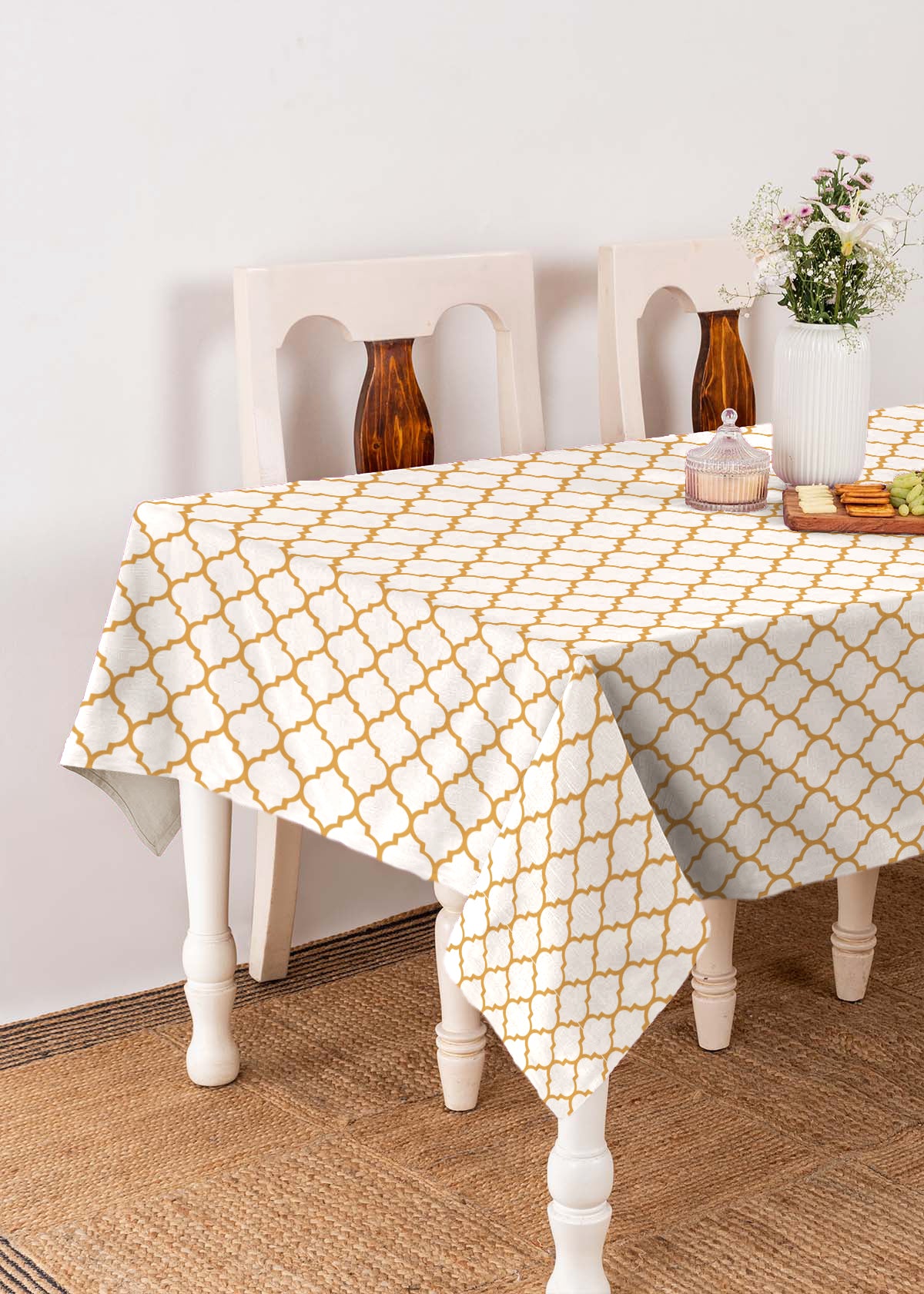 Trellis 100% cotton customisable geometric table cloth for dining - Mustard