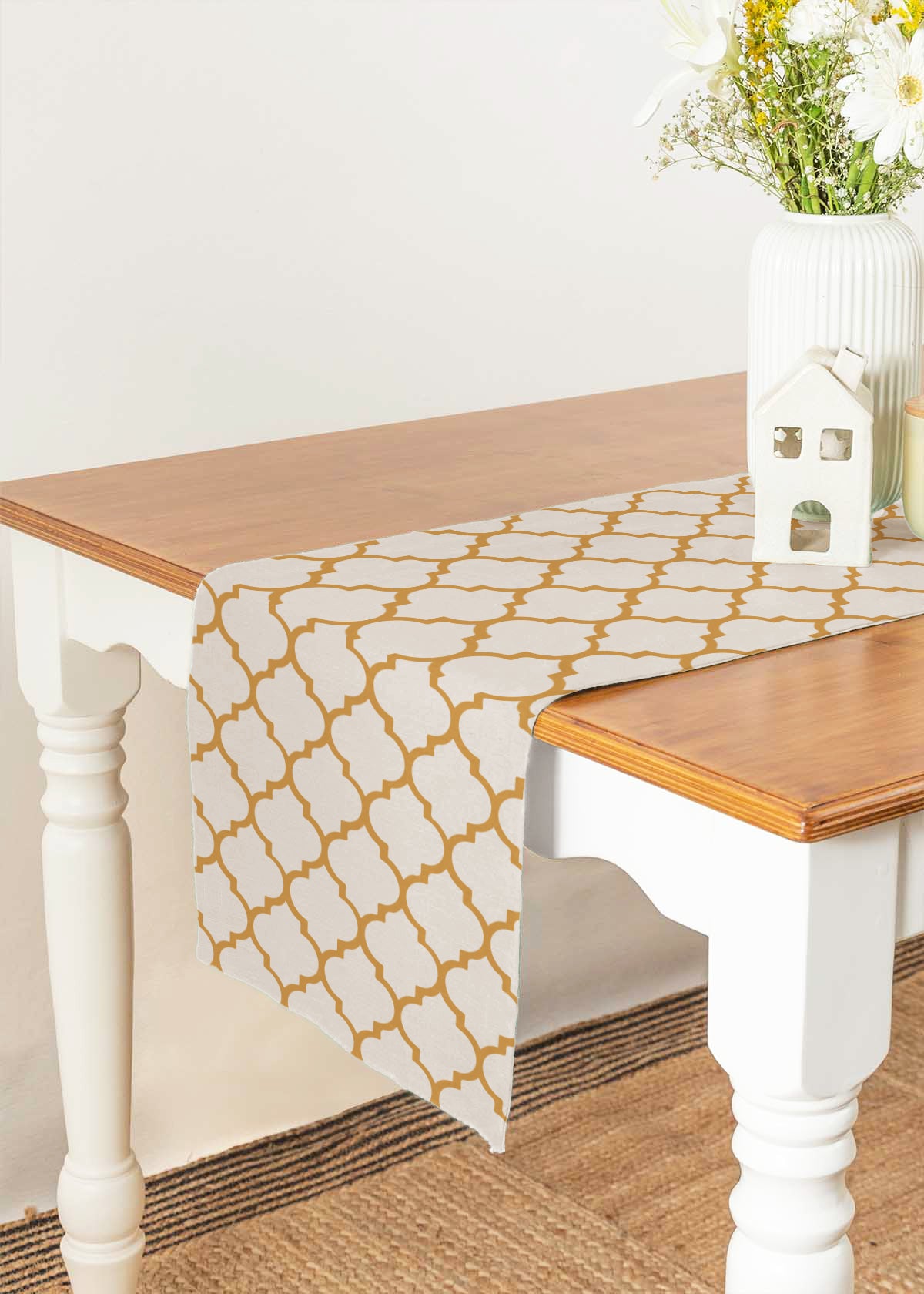 Trellis 100% cotton geometric table runner for 4 seater or 6 seater dining - Mustard