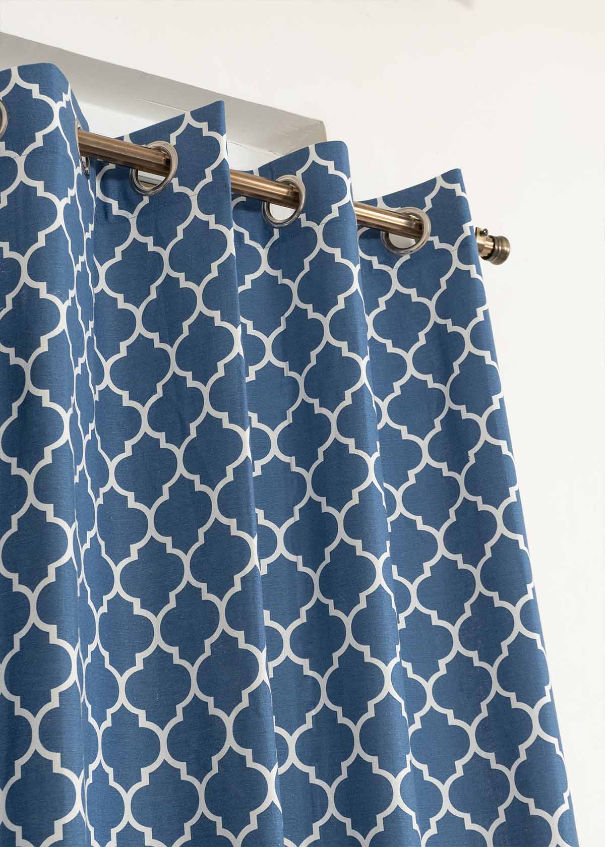 Reverse Trellis Printed Cotton Curtain - Royal Blue
