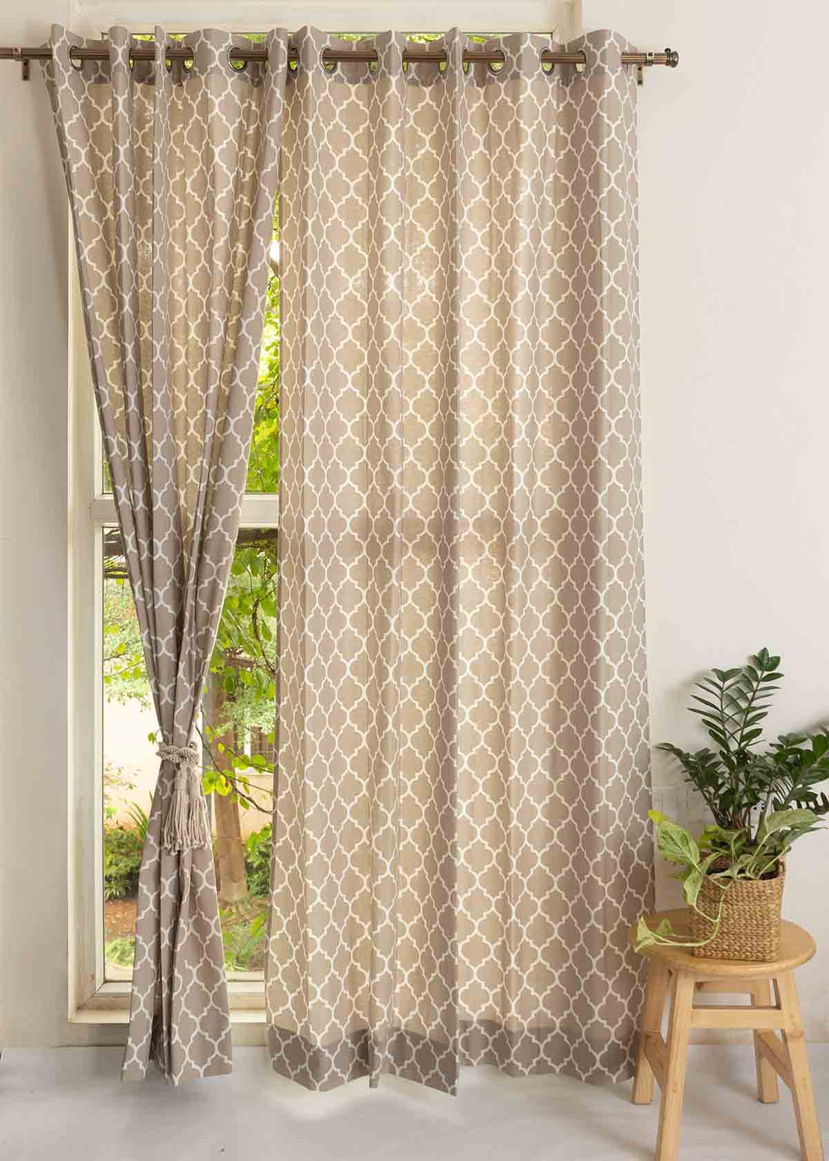 Reverse Trellis Printed Cotton Curtain - Walnut Grey