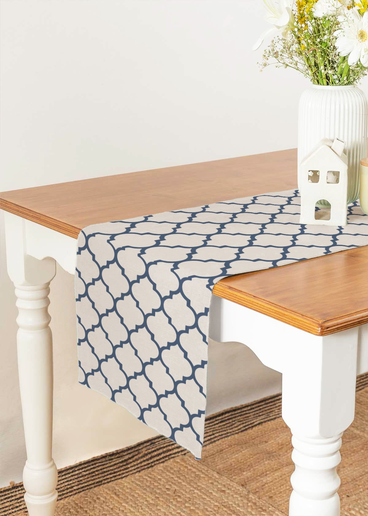 Trellis 100% cotton geometric table runner for 4 seater or 6 seater dining - Royal blue