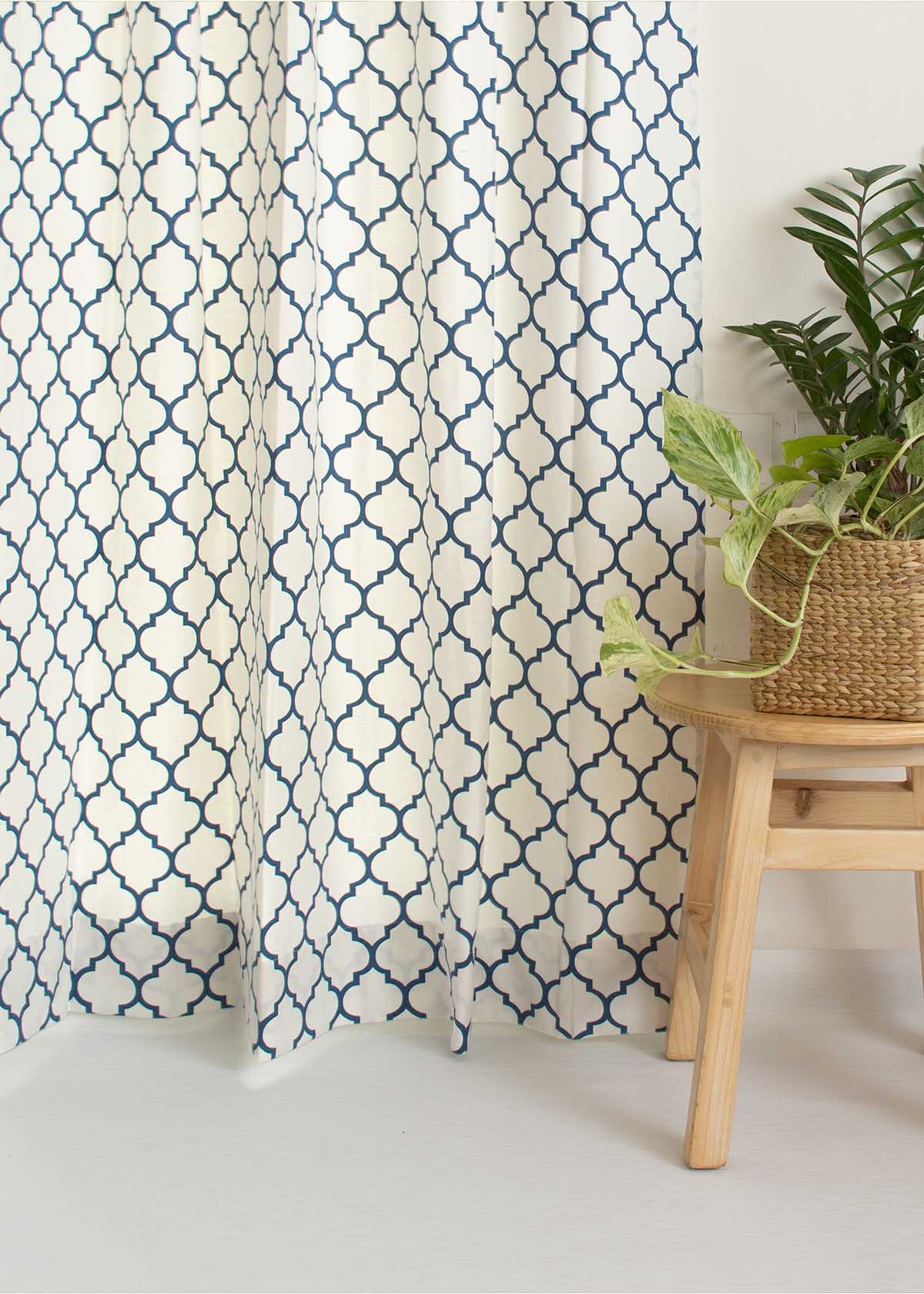 Trellis Printed 100% cotton geometric curtain for bed room - Room darkening - Royal Blue - Pack of 1