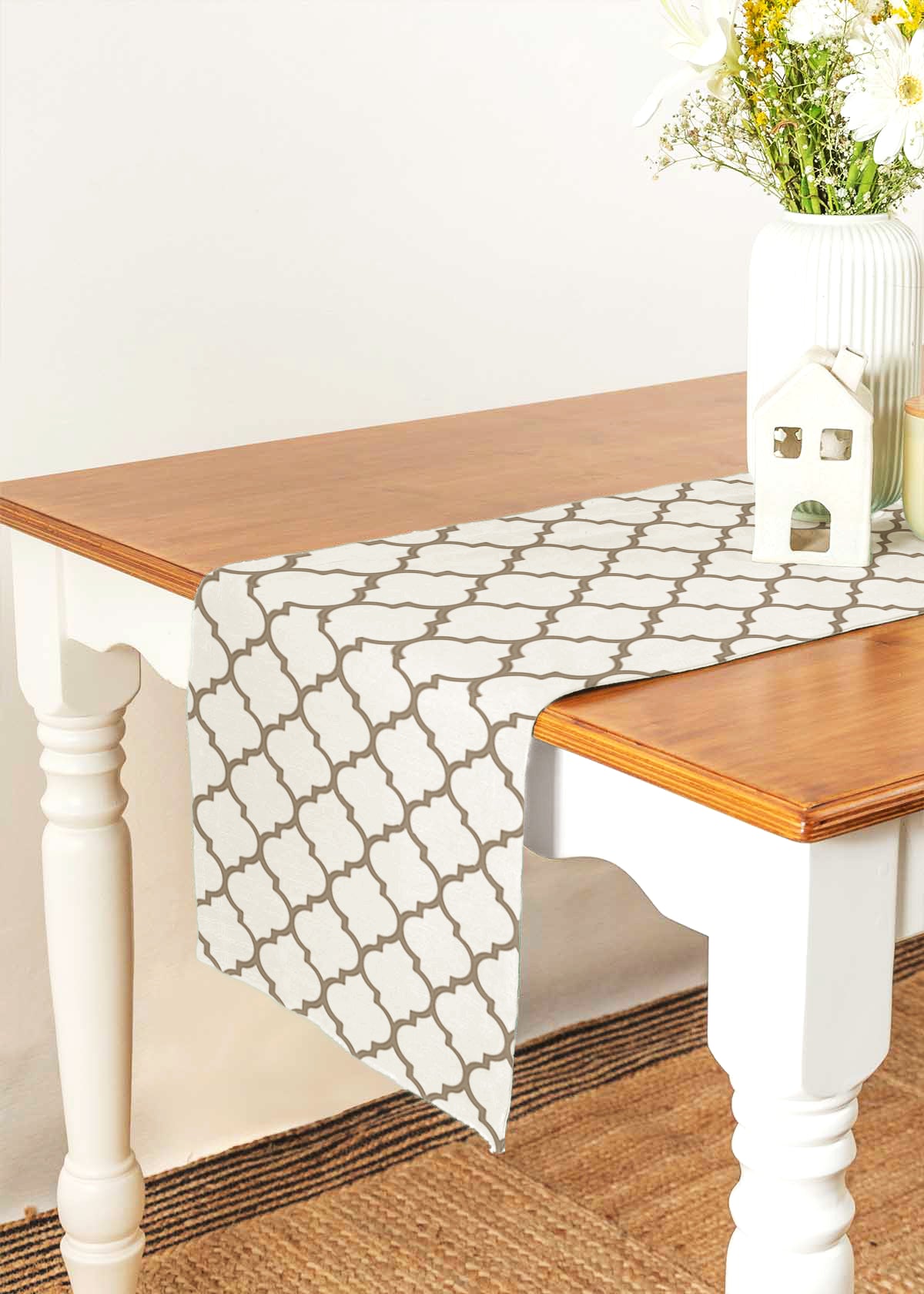 Trellis 100% cotton geometric table runner for 4 seater or 6 seater dining - Walnut grey