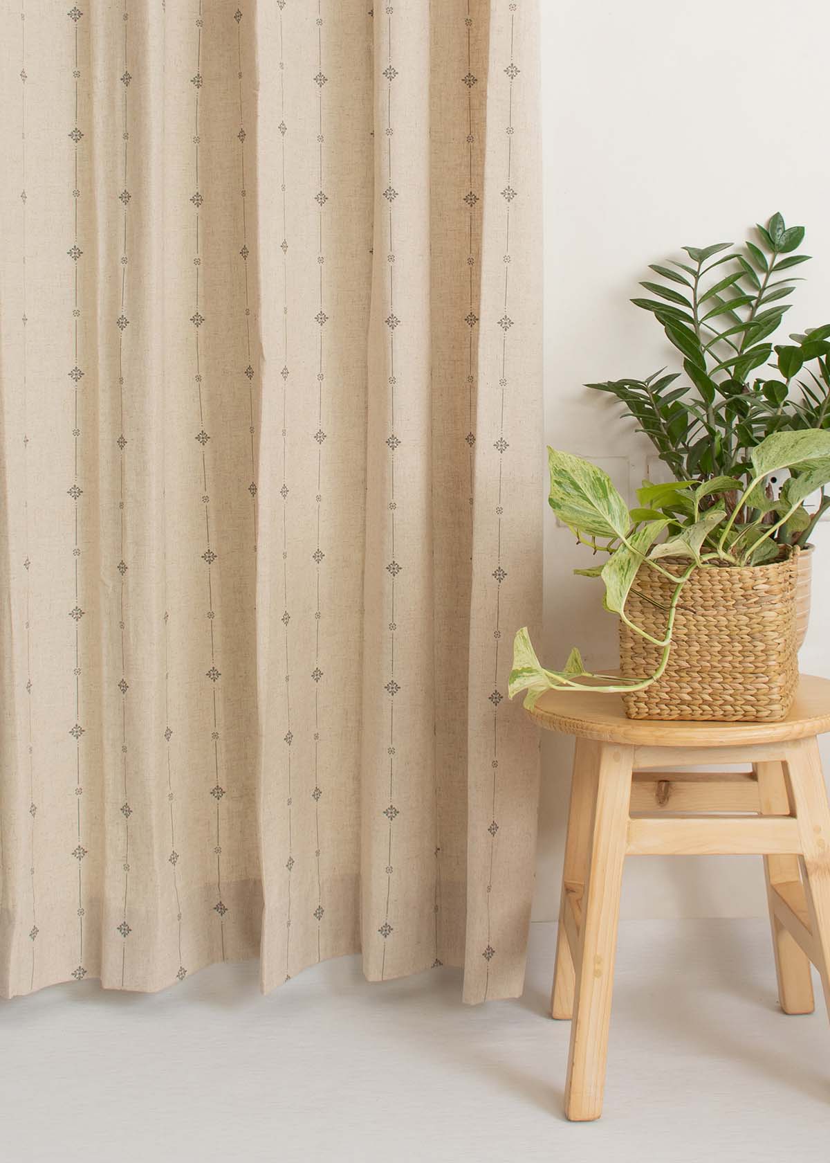 Tulsi Printed Linen Curtain - Beige- Single