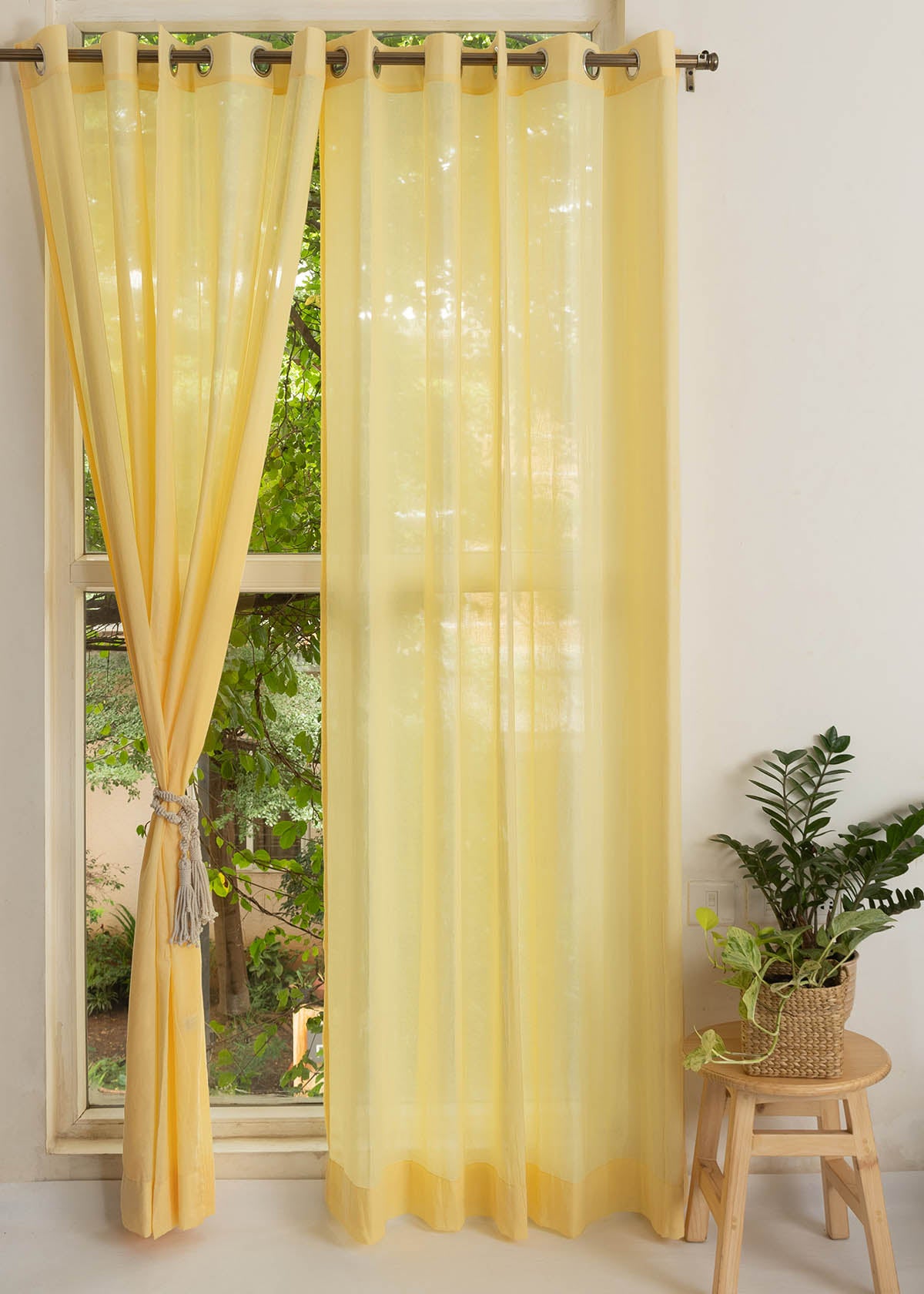 Solid Turmeric yellow sheer 100% cotton plain curtain for Living room & bedroom - Light filtering - Pack of 1