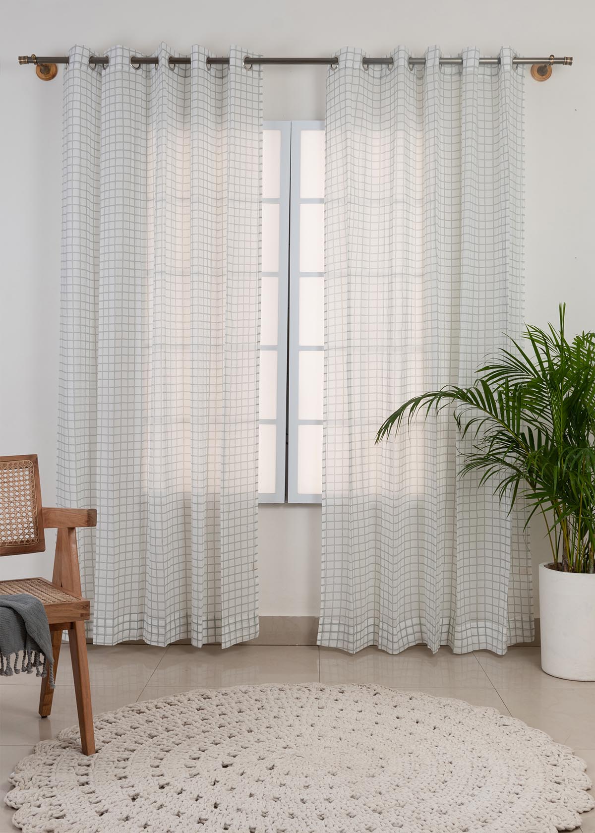 Uneven Checks Printed Sheer Curtain - Grey