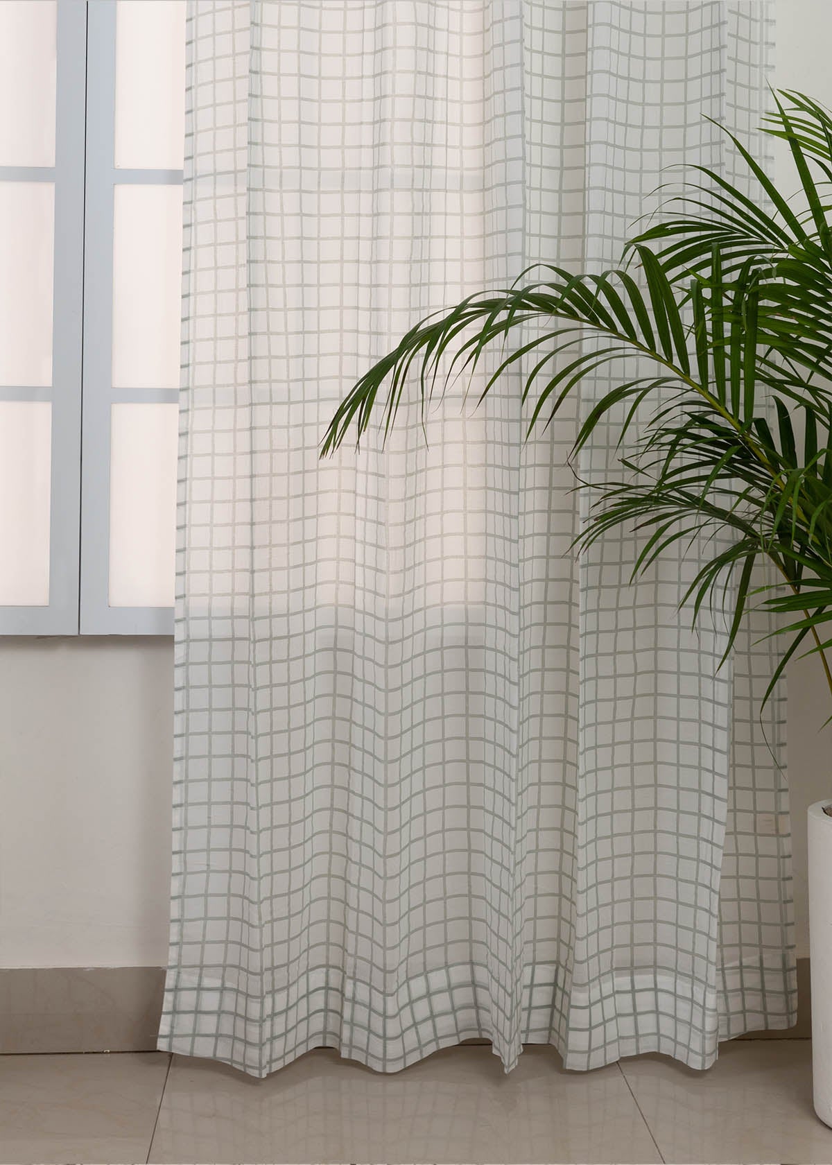Uneven Checks Printed Sheer Curtain - Grey