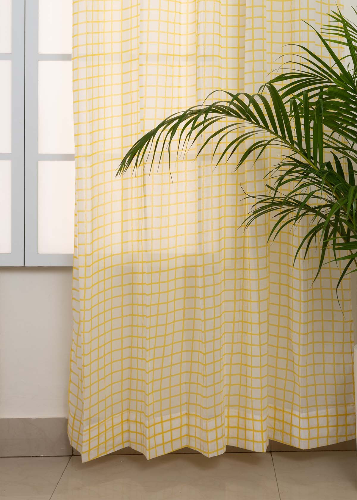 Uneven Checks Printed Sheer Curtain - Yellow
