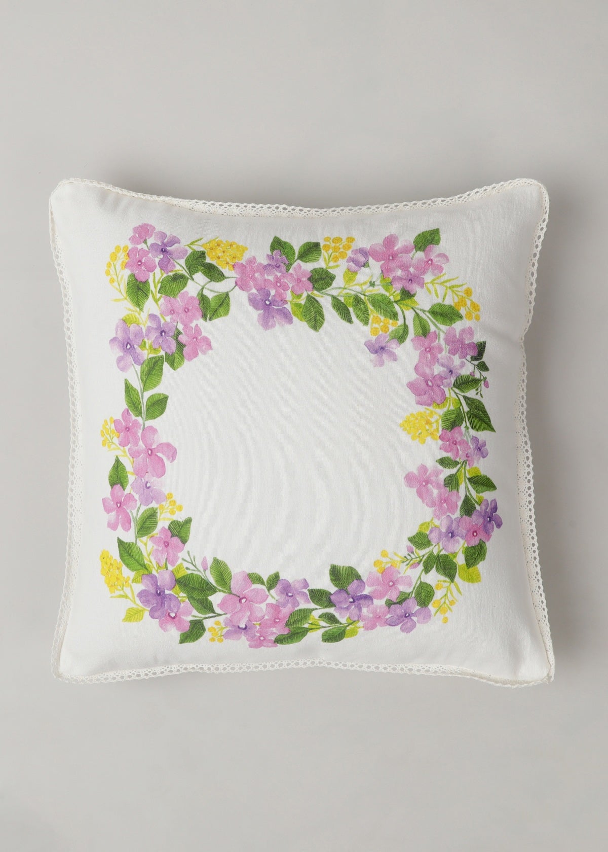 Very Peri Wreath, Dusty Lavender, Solid Primrose Yellow, Climbing Roses Lavender Set Of 4 Combo Cotton Cushion Cover - Yellow And Lavender